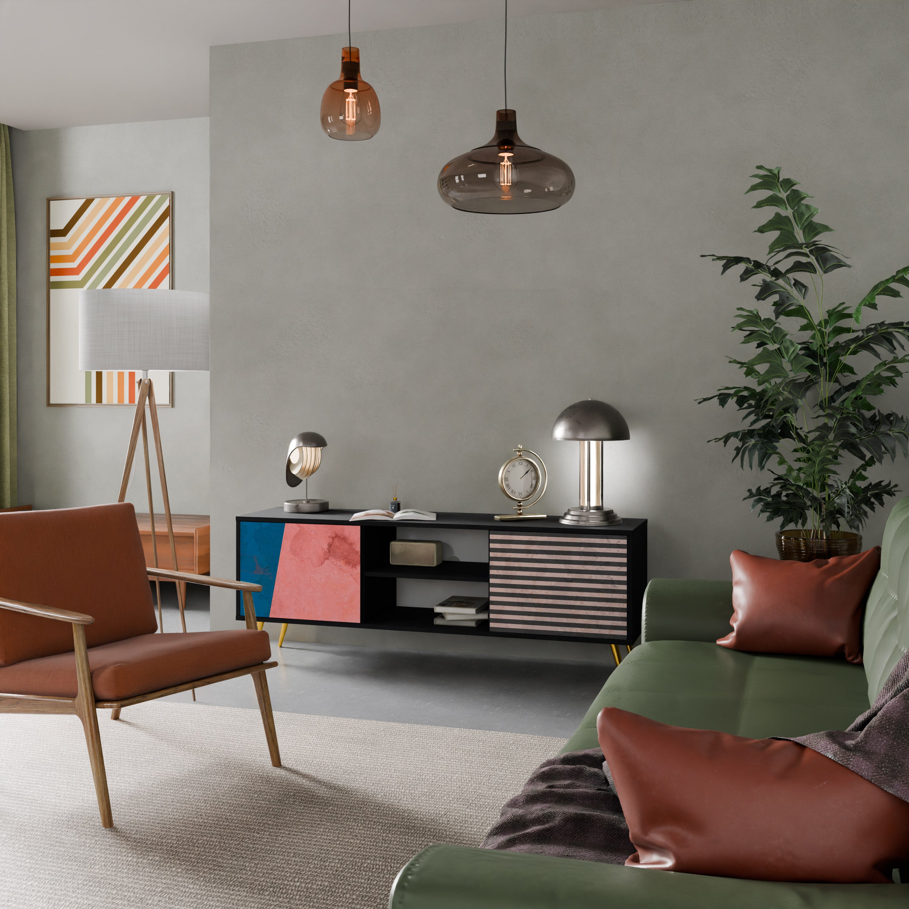Βάση τηλεόρασης GLAMOROUS STRIPE με 2 πόρτες σε μαύρο φινίρισμα