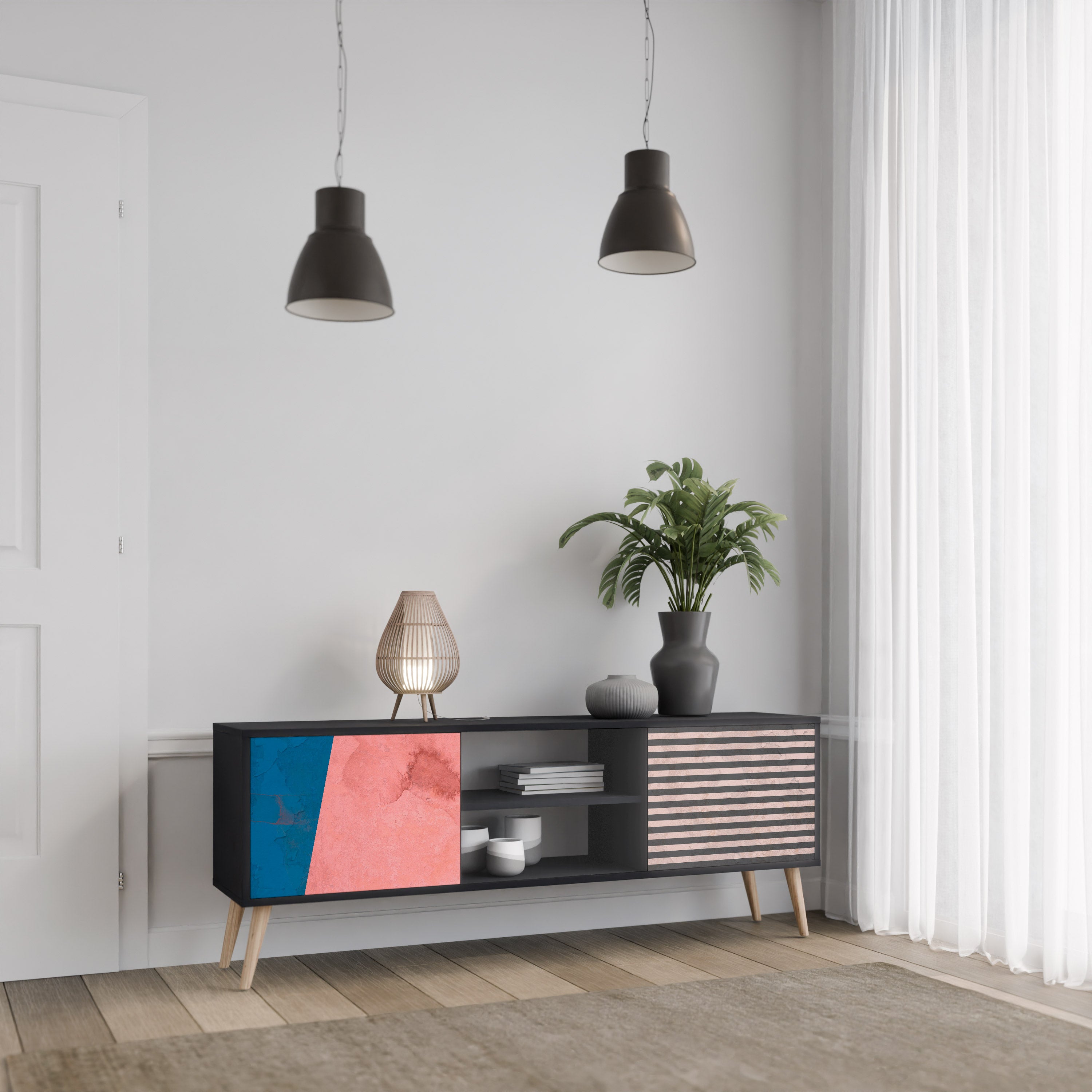 Βάση τηλεόρασης GLAMOROUS STRIPE με 2 πόρτες σε μαύρο φινίρισμα