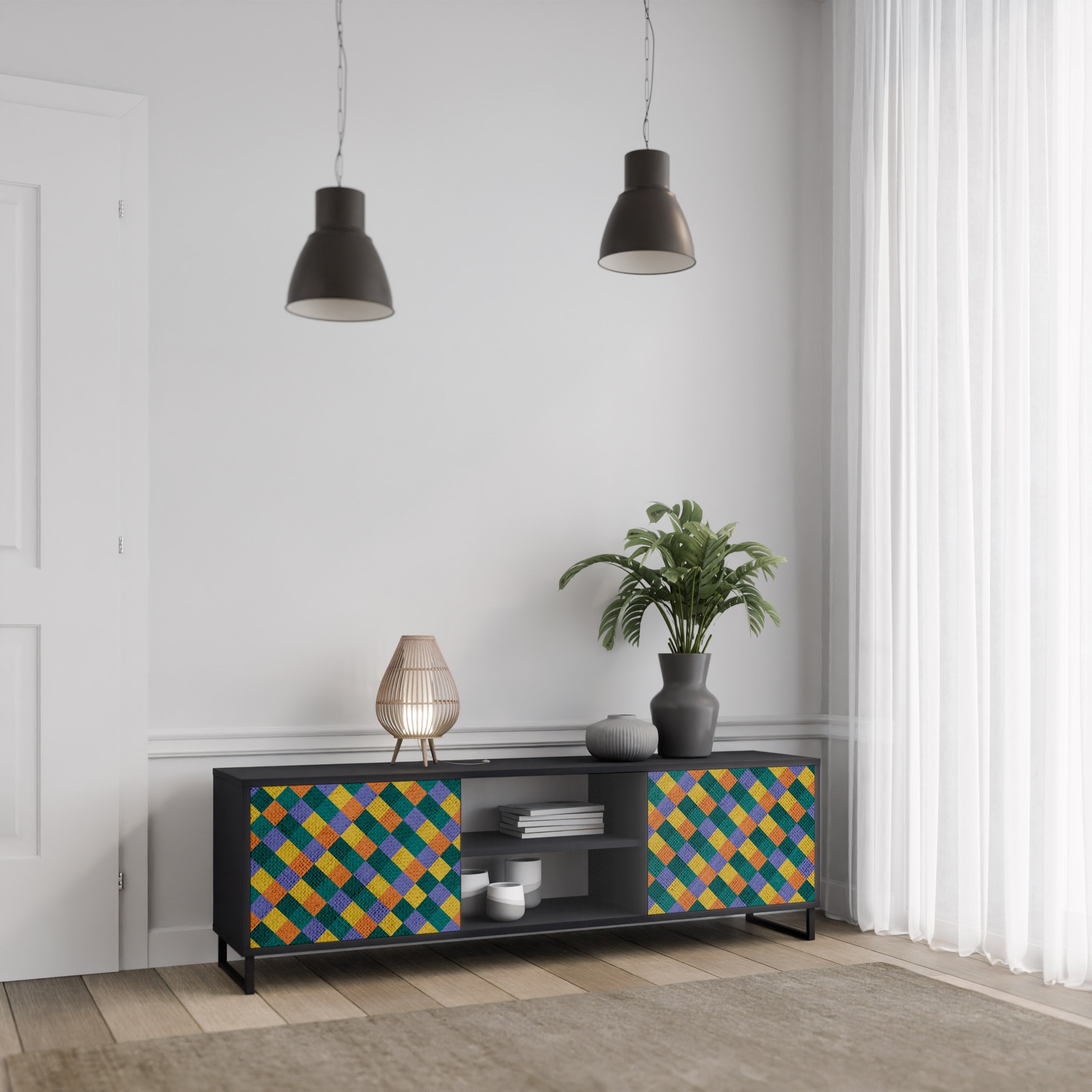Βάση τηλεόρασης PAINTED SQUARES MIX 2 πορτών σε μαύρο φινίρισμα
