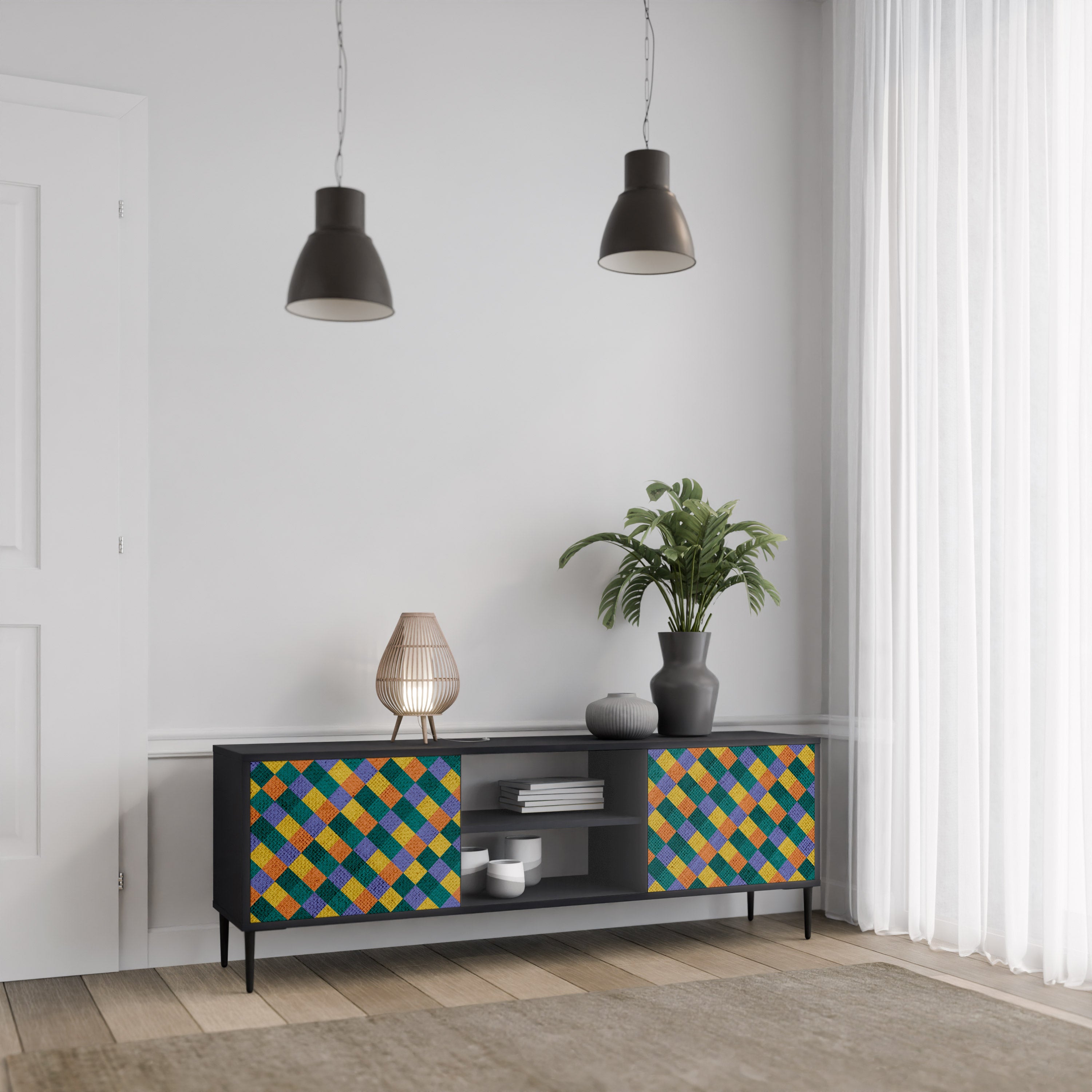 Βάση τηλεόρασης PAINTED SQUARES MIX 2 πορτών σε μαύρο φινίρισμα