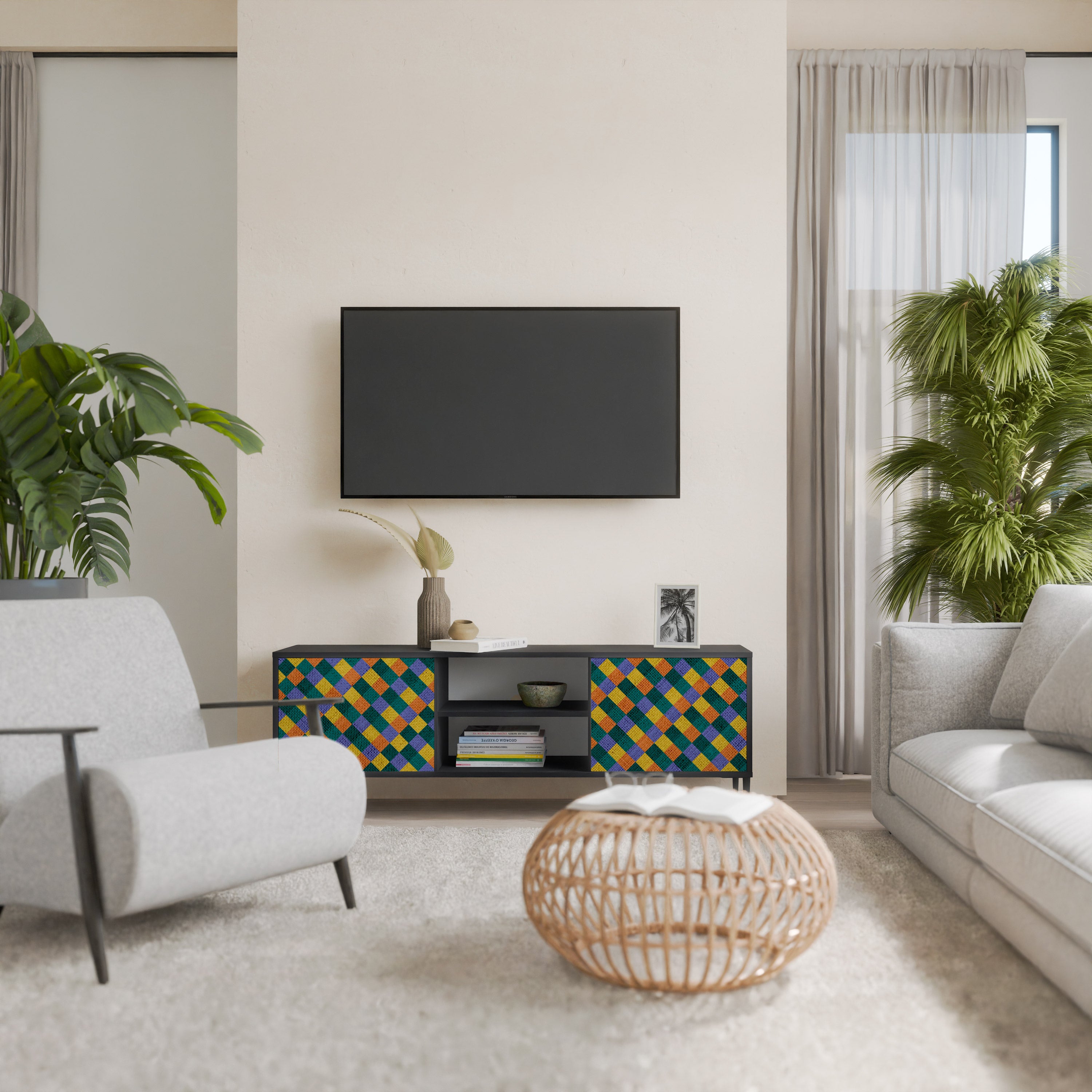 Βάση τηλεόρασης PAINTED SQUARES MIX 2 πορτών σε μαύρο φινίρισμα