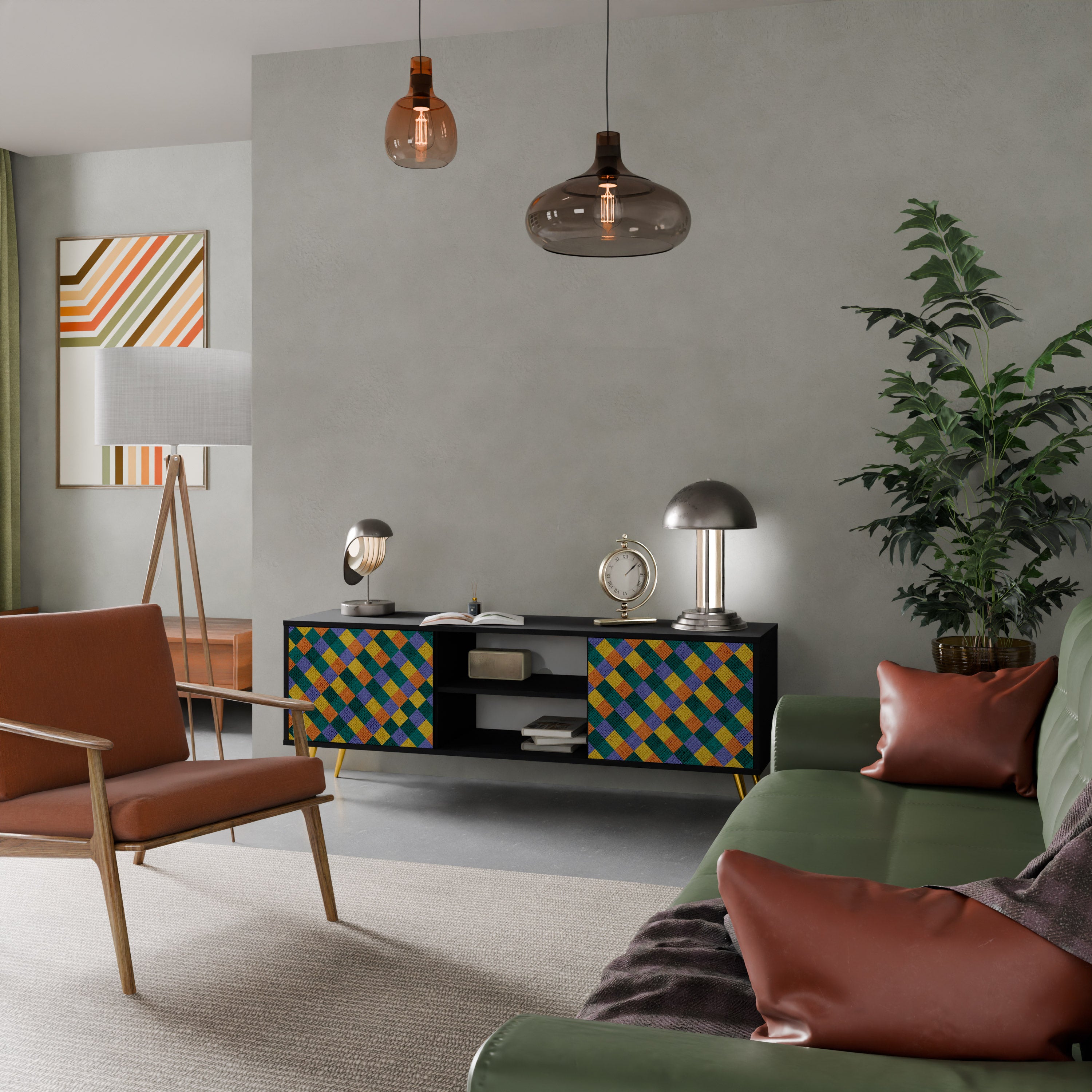 Βάση τηλεόρασης PAINTED SQUARES MIX 2 πορτών σε μαύρο φινίρισμα