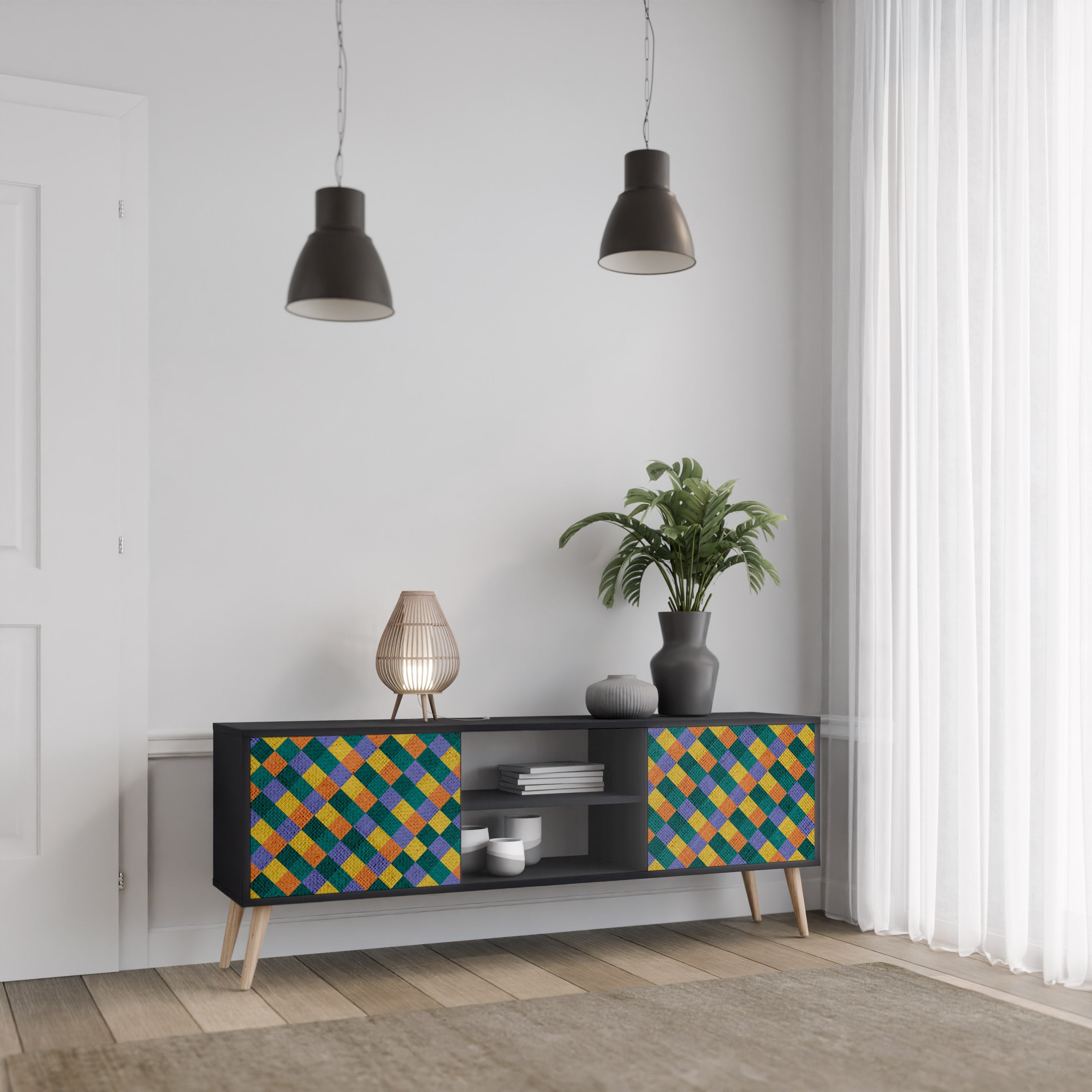 Βάση τηλεόρασης PAINTED SQUARES MIX 2 πορτών σε μαύρο φινίρισμα