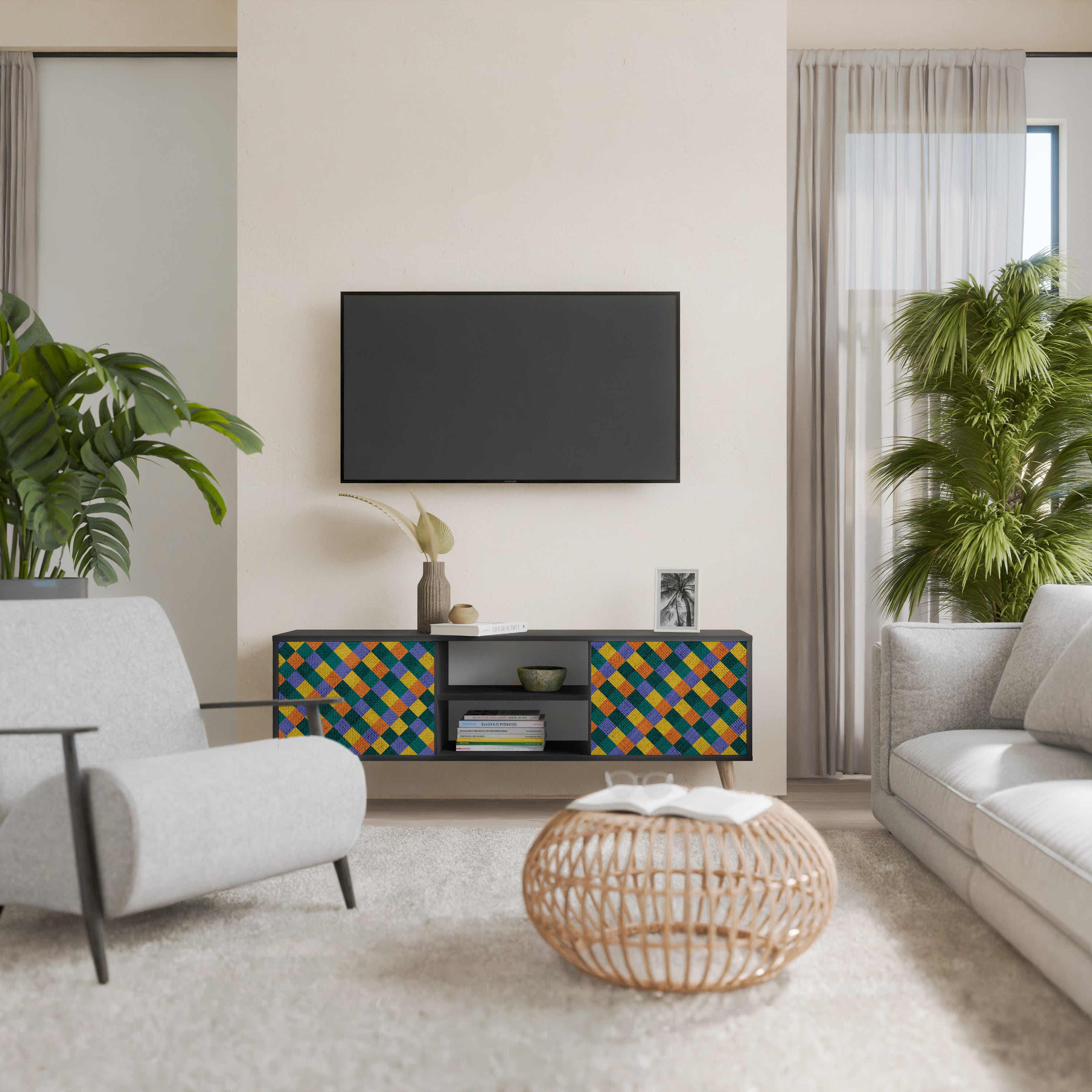 Βάση τηλεόρασης PAINTED SQUARES MIX 2 πορτών σε μαύρο φινίρισμα