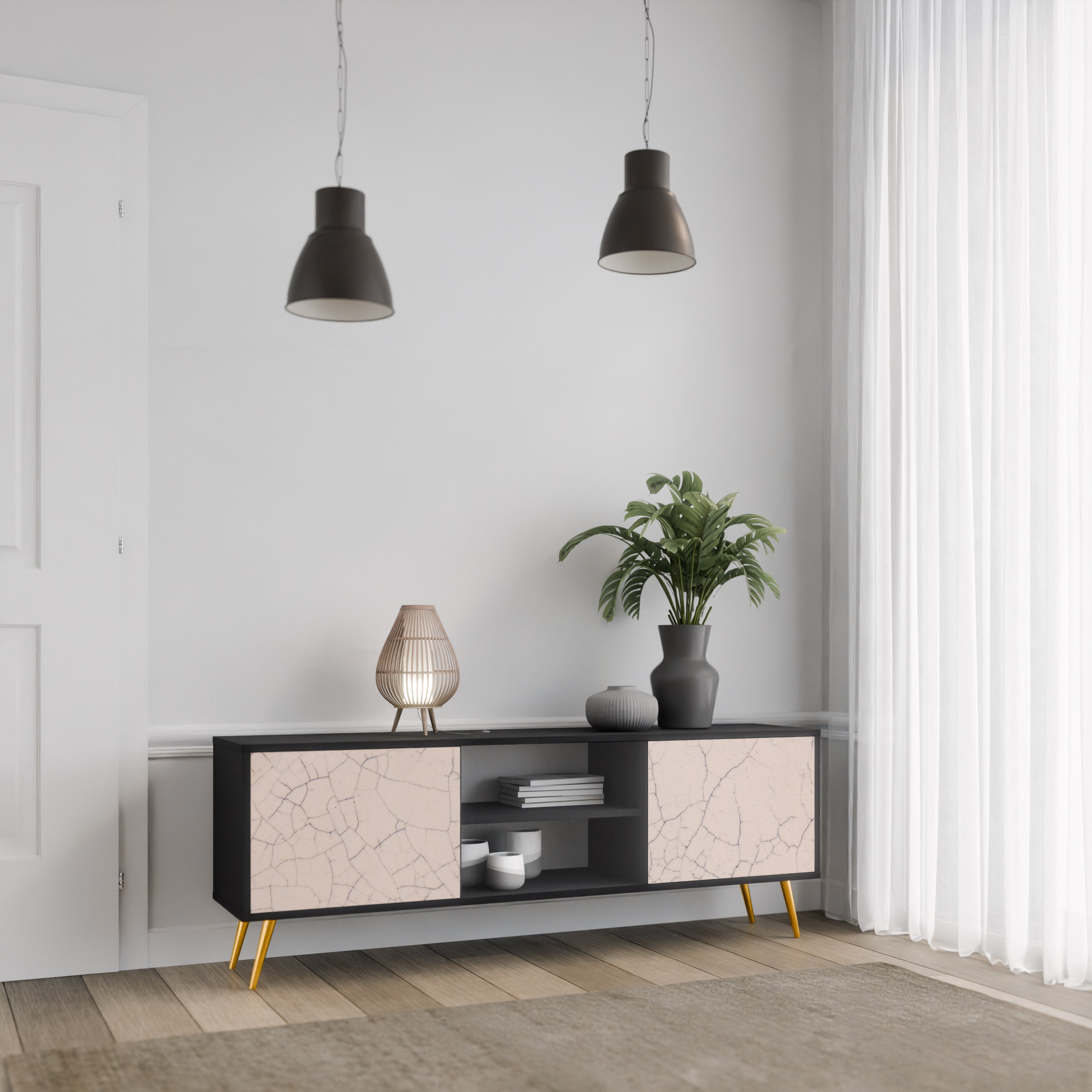 Βάση τηλεόρασης 2 θυρών CERAMIC TEXTURE σε μαύρο φινίρισμα