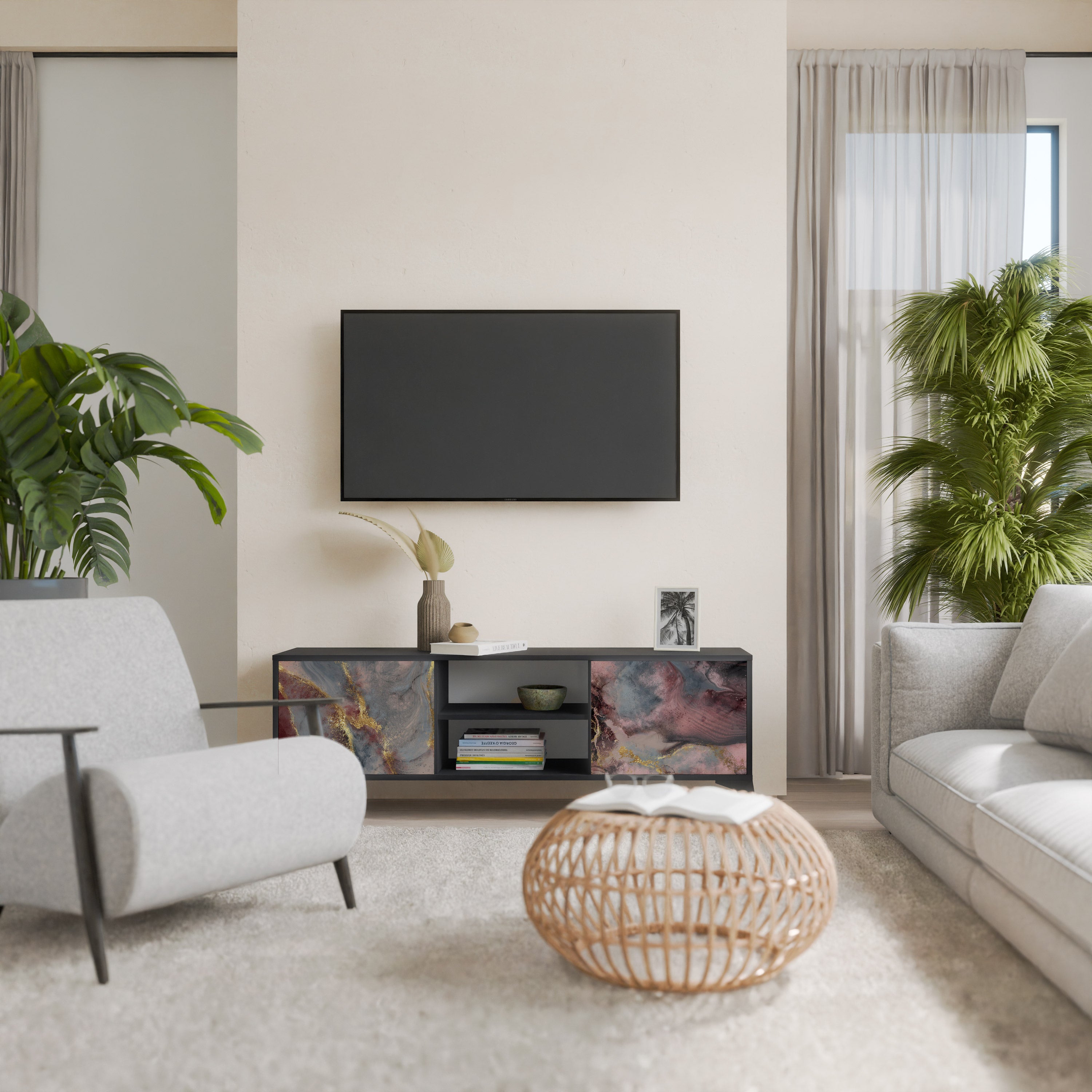 Βάση τηλεόρασης GOLDEN TIDES με 2 πόρτες σε μαύρο φινίρισμα