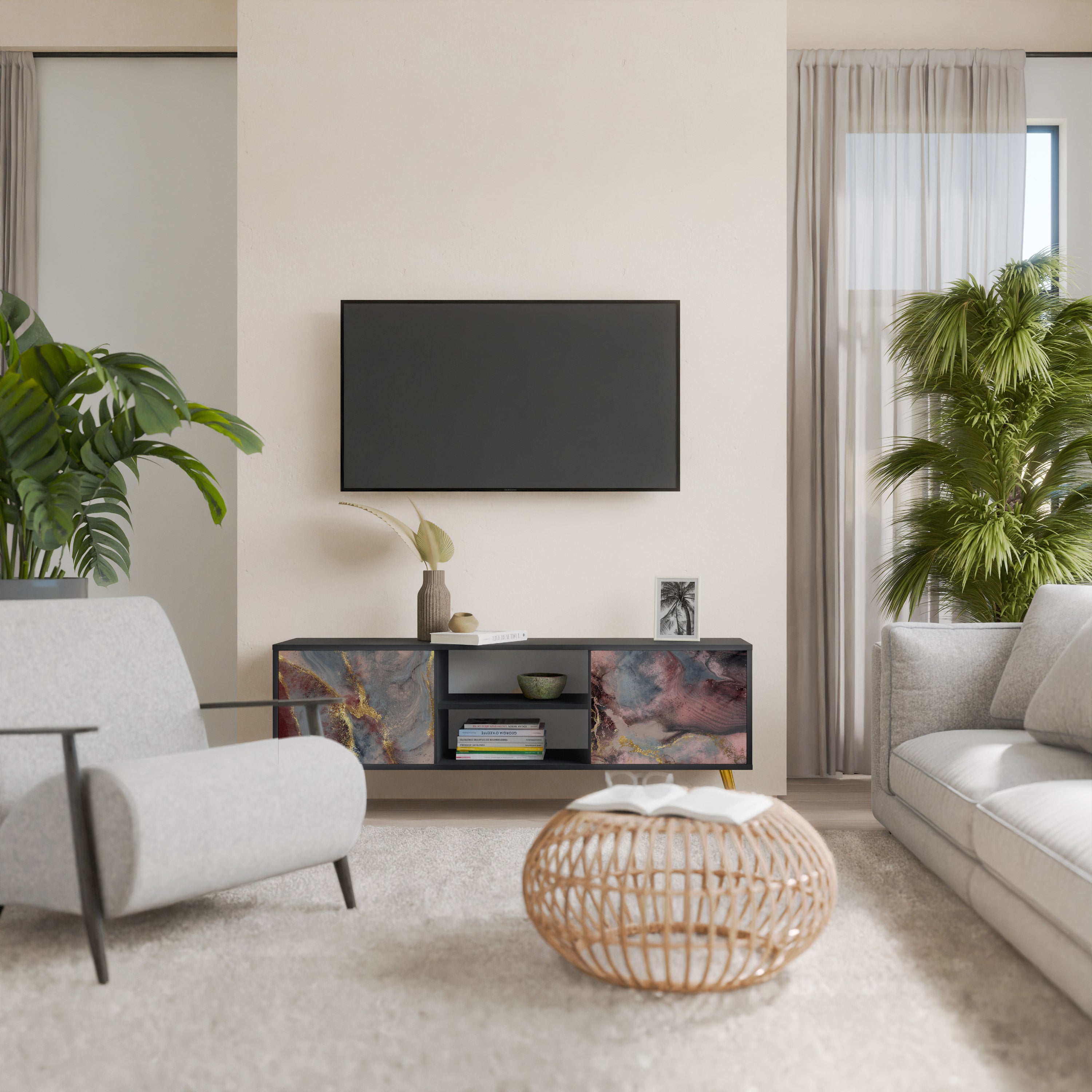 Βάση τηλεόρασης GOLDEN TIDES με 2 πόρτες σε μαύρο φινίρισμα