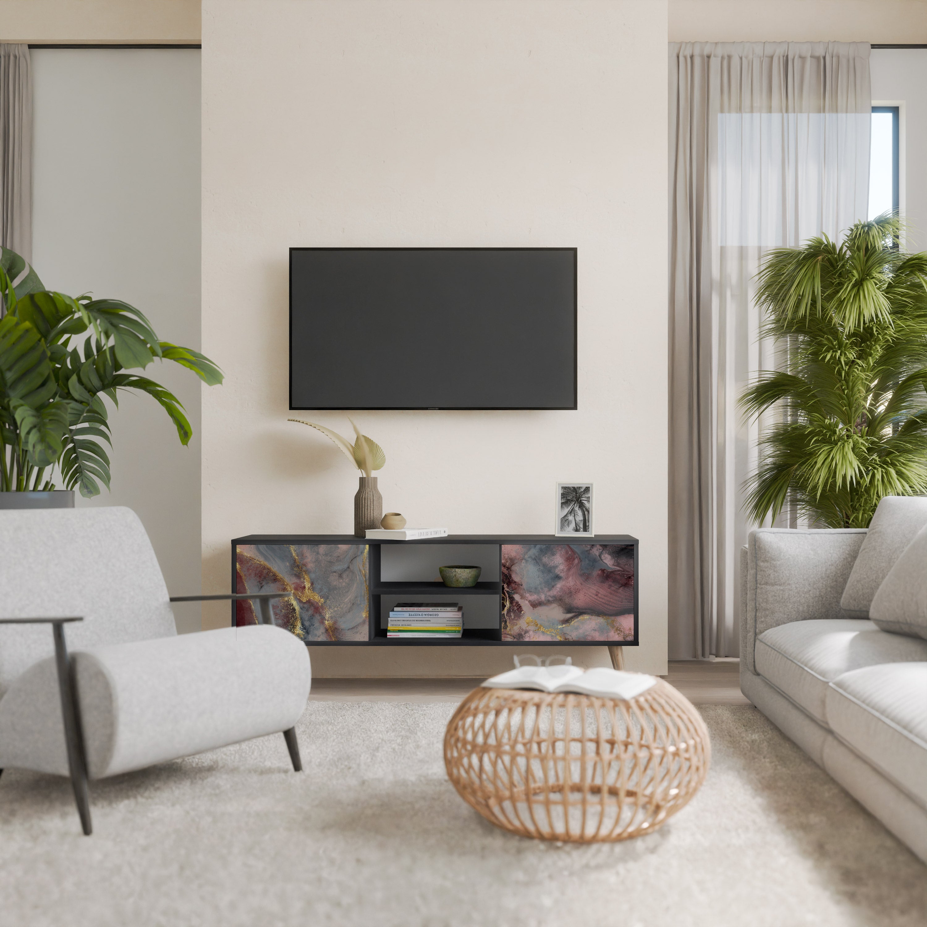 Βάση τηλεόρασης GOLDEN TIDES με 2 πόρτες σε μαύρο φινίρισμα