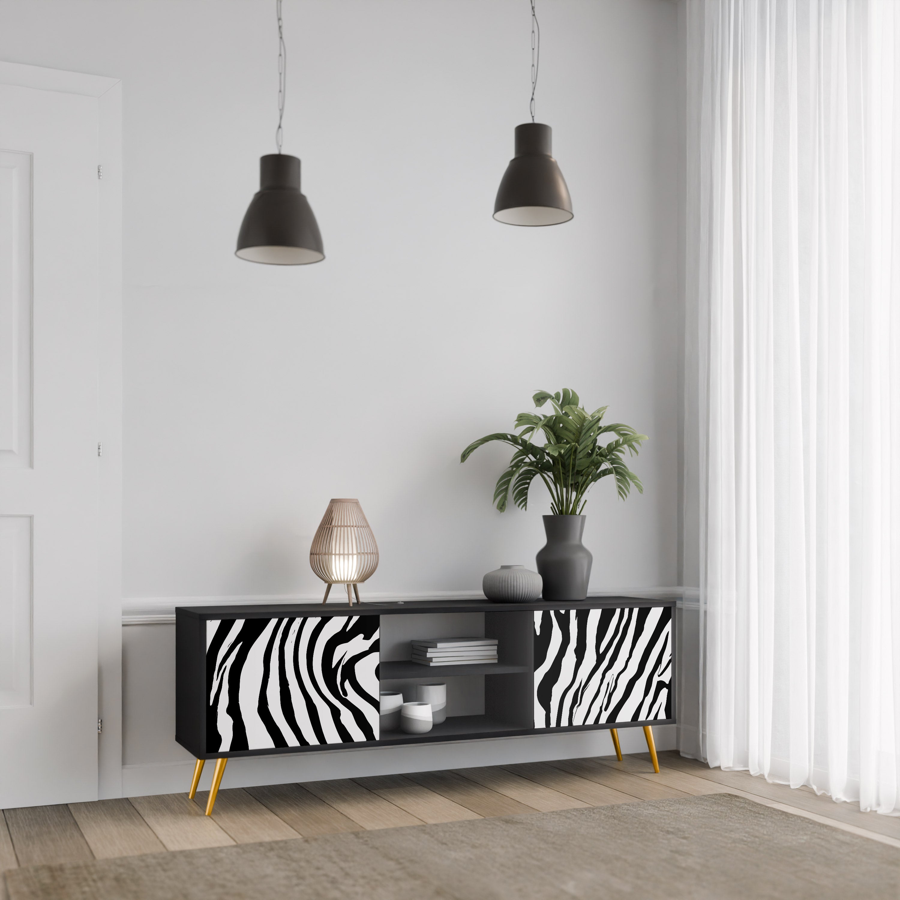 Βάση τηλεόρασης SPLENDID ZEBRA με 2 πόρτες σε μαύρο φινίρισμα