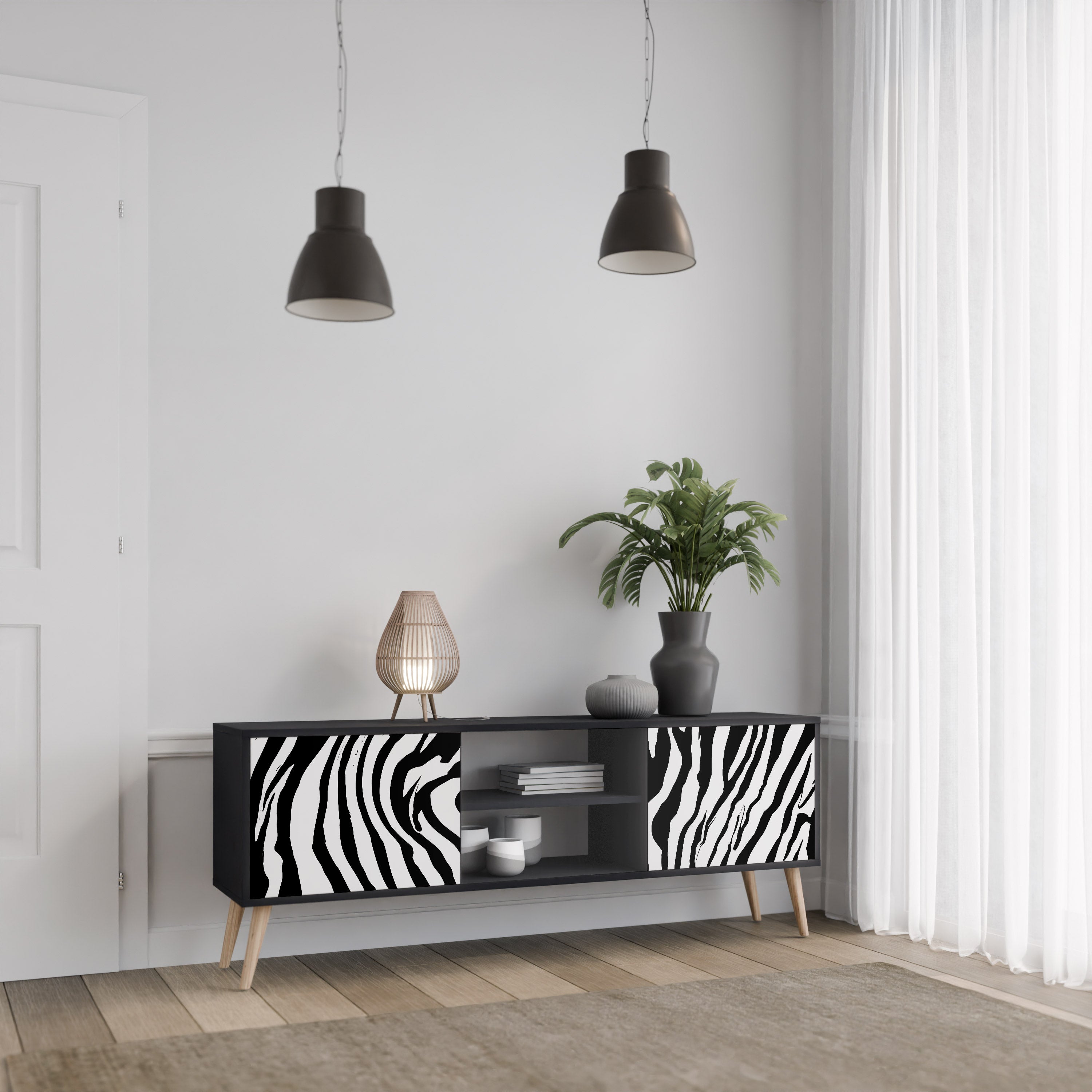 Βάση τηλεόρασης SPLENDID ZEBRA με 2 πόρτες σε μαύρο φινίρισμα