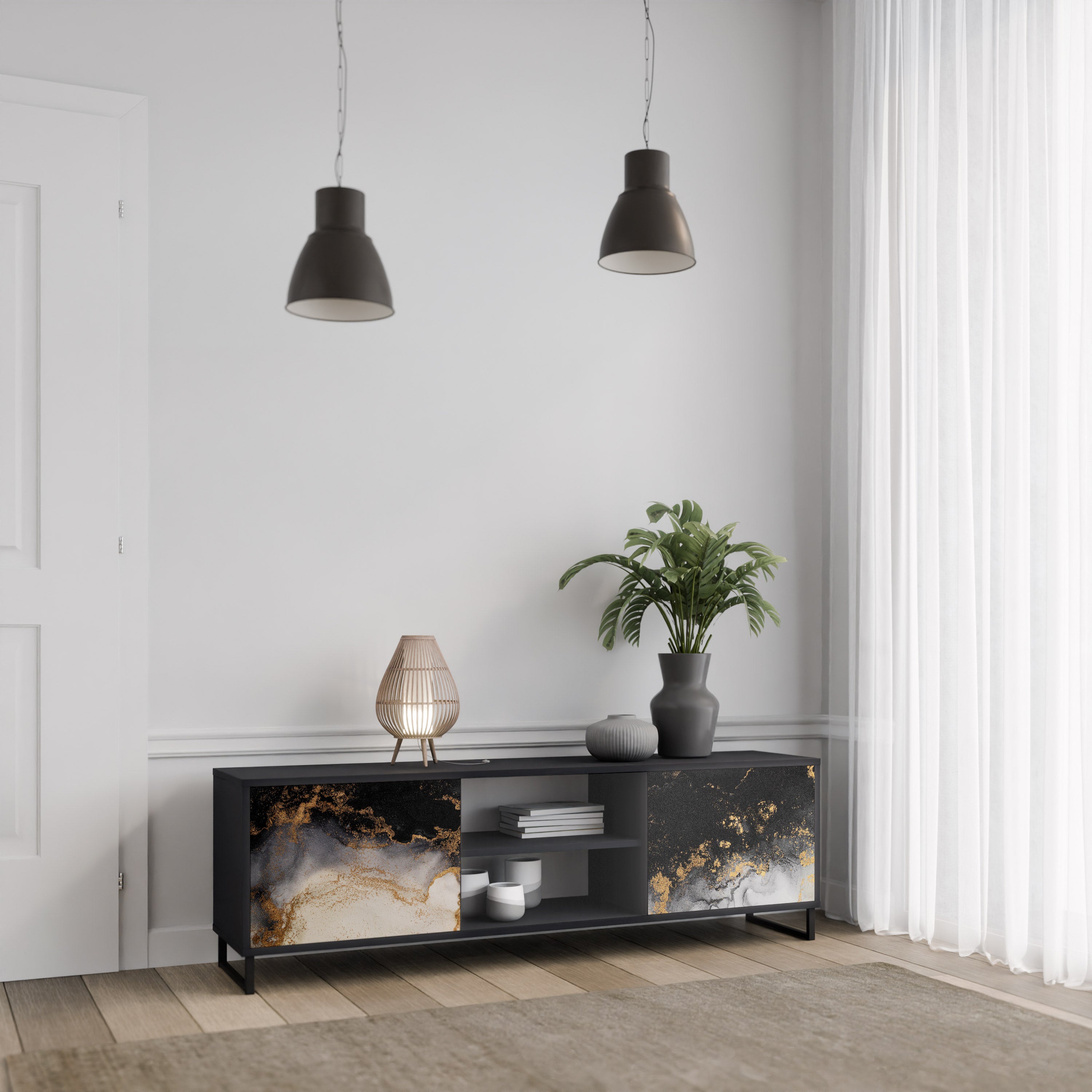 Βάση τηλεόρασης MARBLE OF TOMMORROW με 2 πόρτες σε μαύρο φινίρισμα