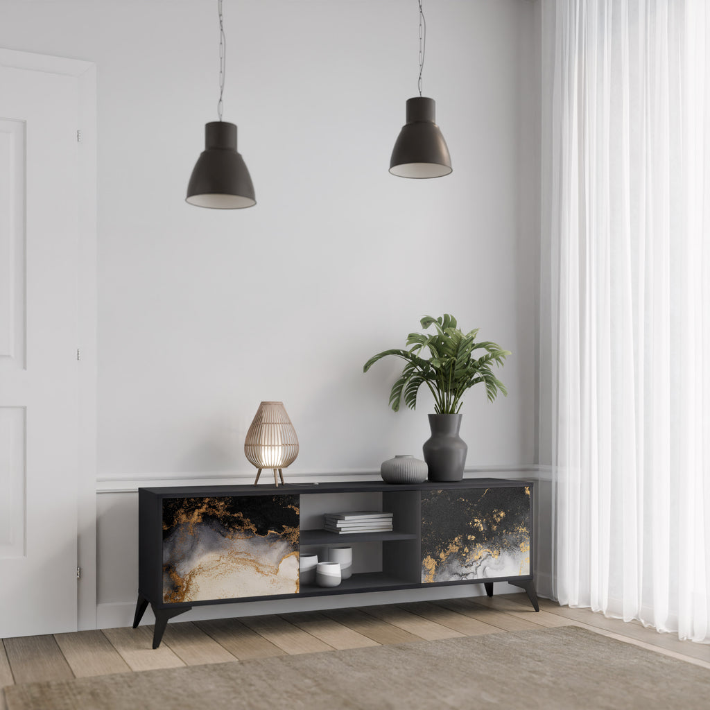 Βάση τηλεόρασης MARBLE OF TOMMORROW με 2 πόρτες σε μαύρο φινίρισμα