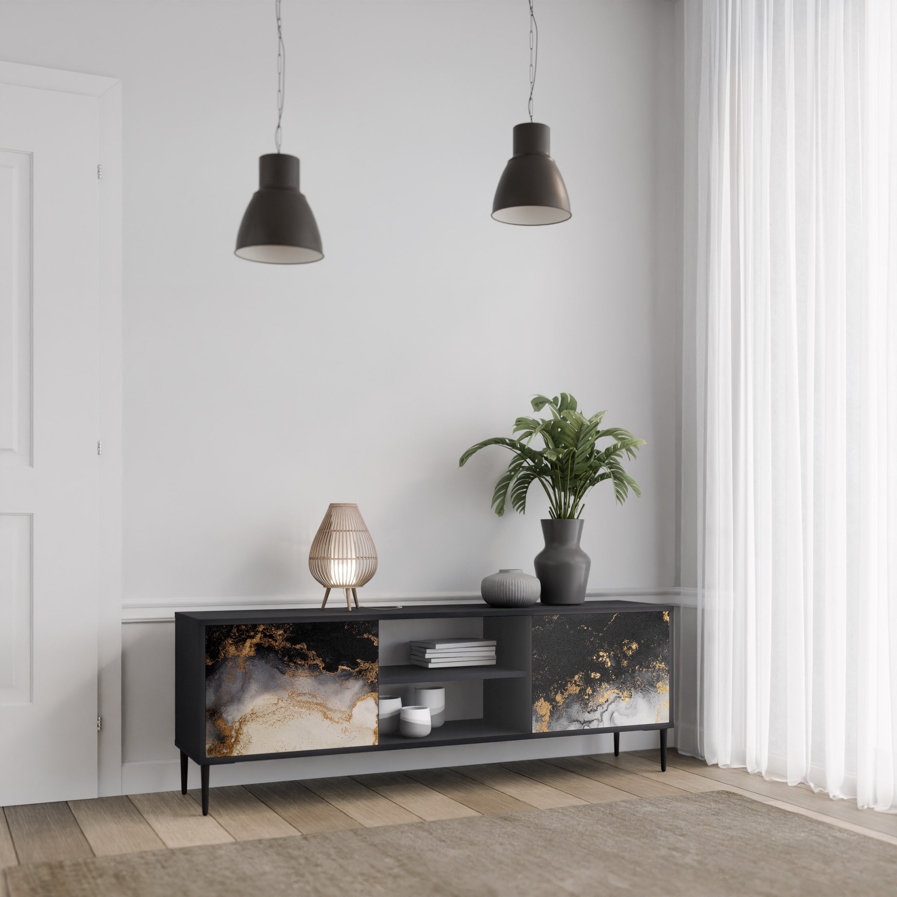 Βάση τηλεόρασης MARBLE OF TOMMORROW με 2 πόρτες σε μαύρο φινίρισμα