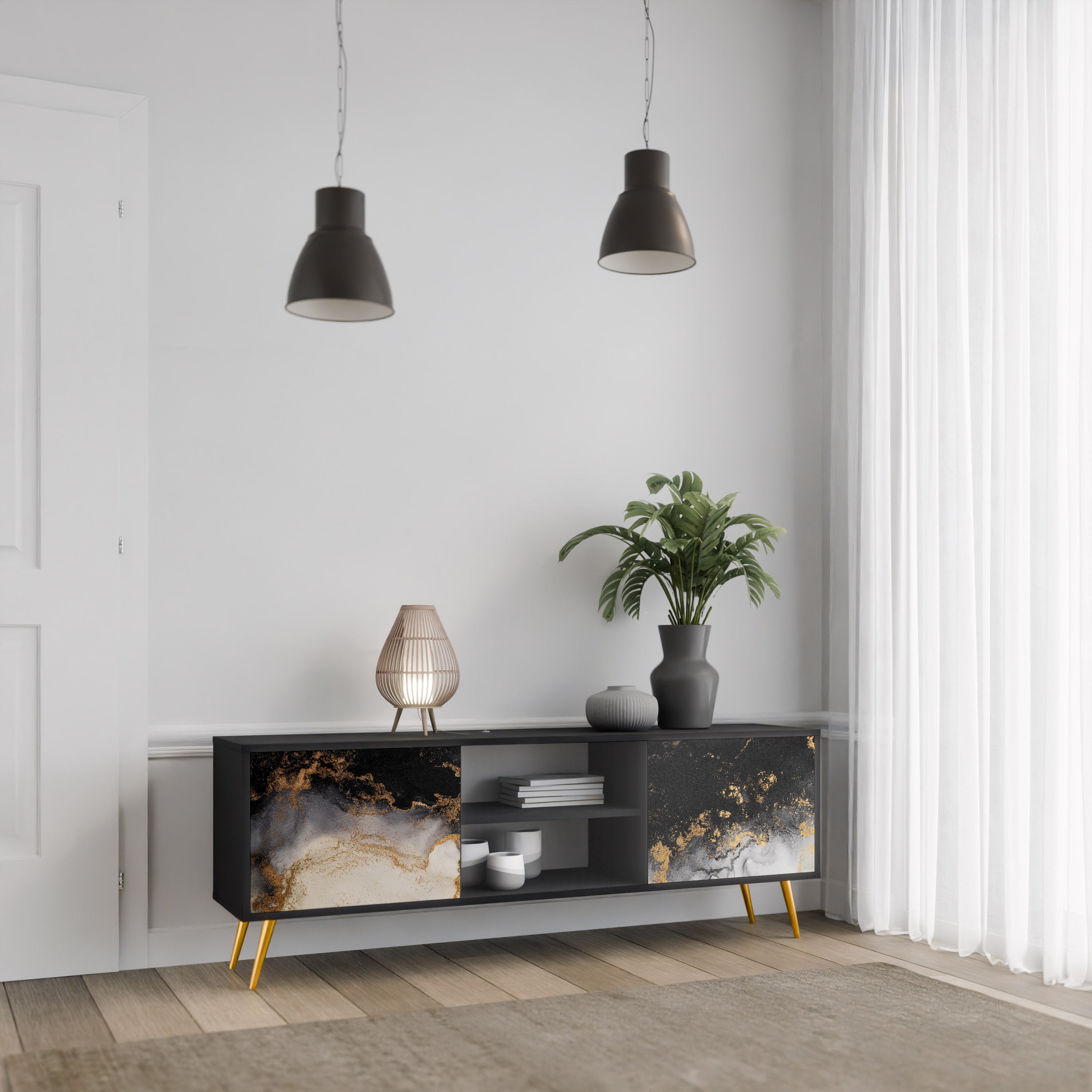 Βάση τηλεόρασης MARBLE OF TOMMORROW με 2 πόρτες σε μαύρο φινίρισμα