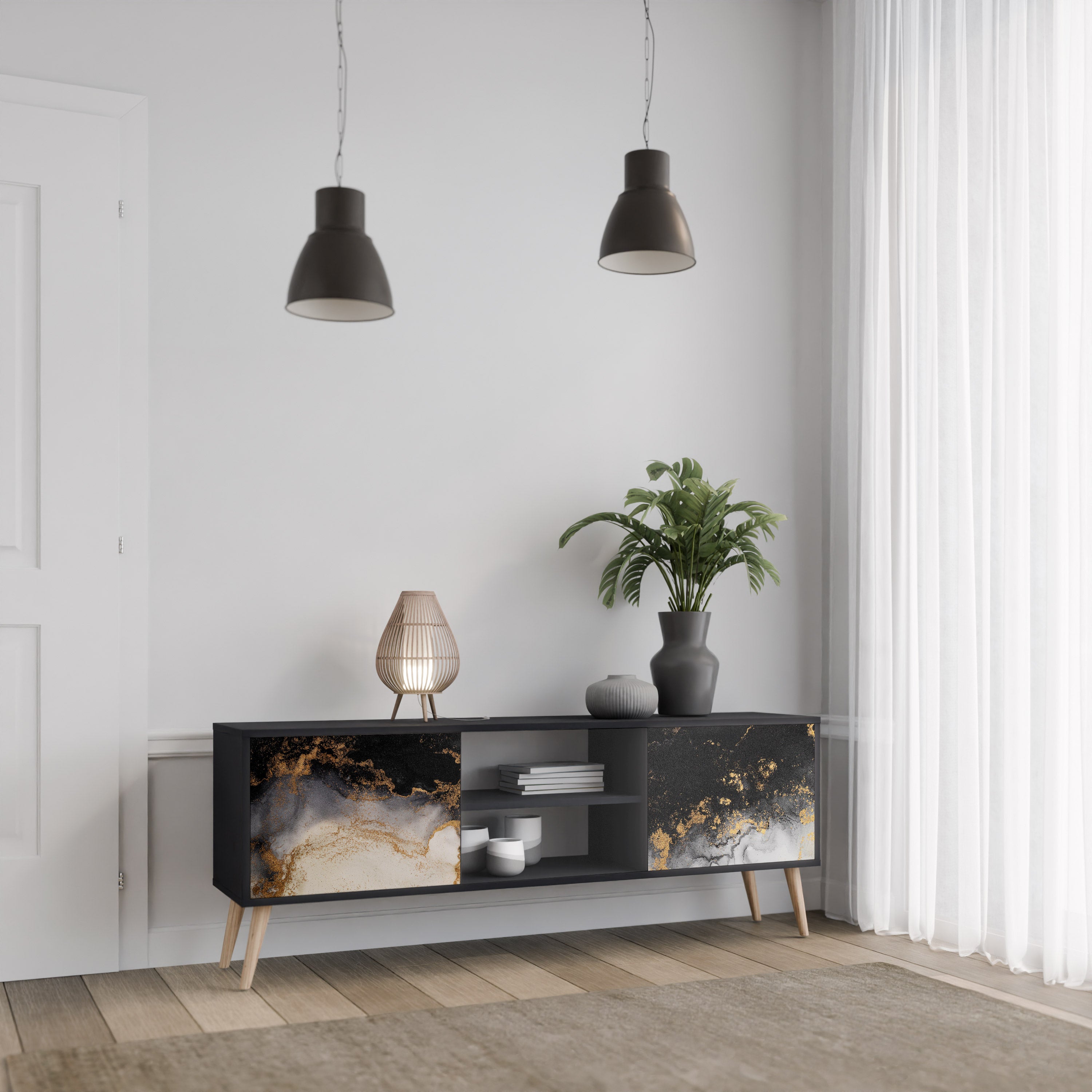 Βάση τηλεόρασης MARBLE OF TOMMORROW με 2 πόρτες σε μαύρο φινίρισμα