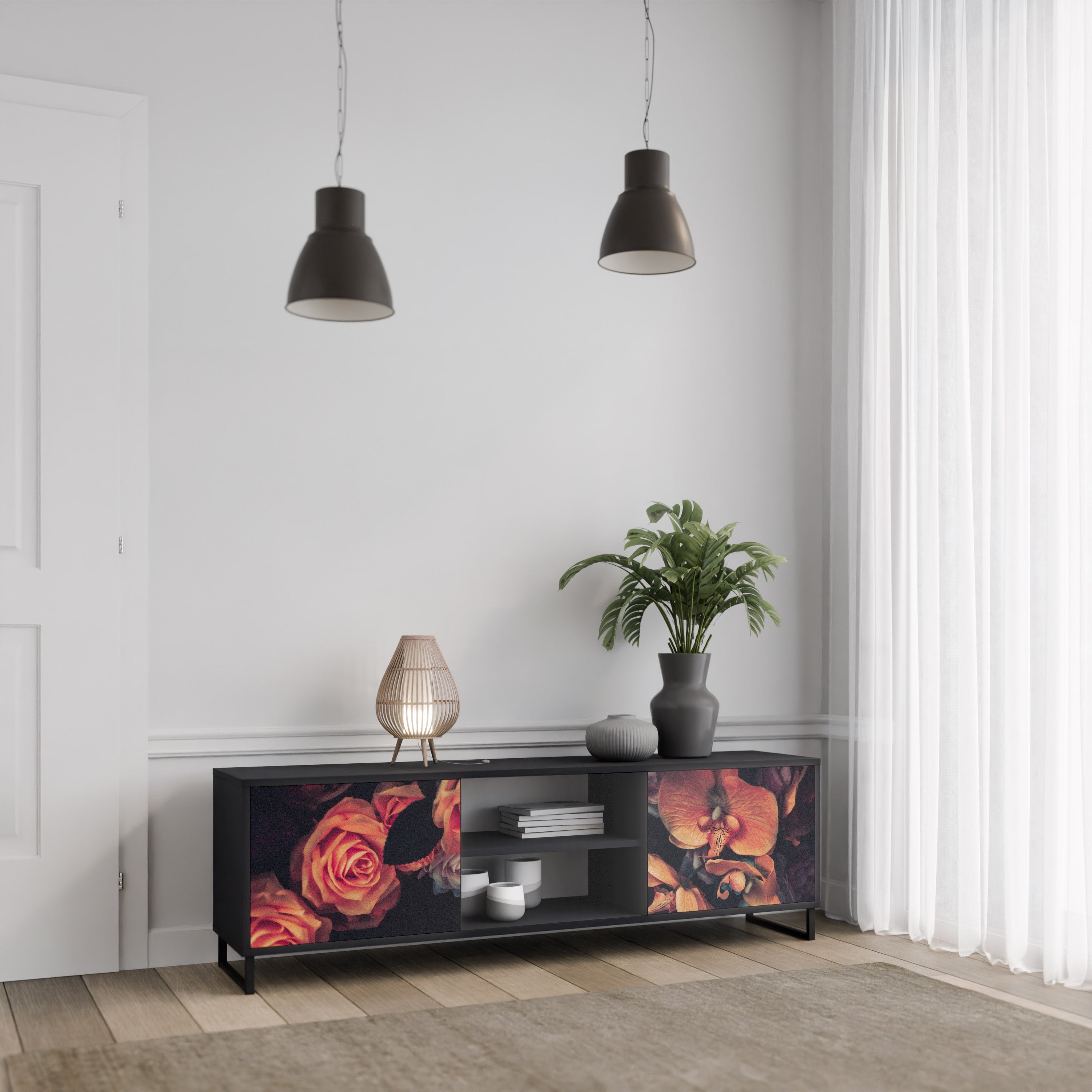NEVERENDING BLOOM 2-Door TV Stand in Black Finish