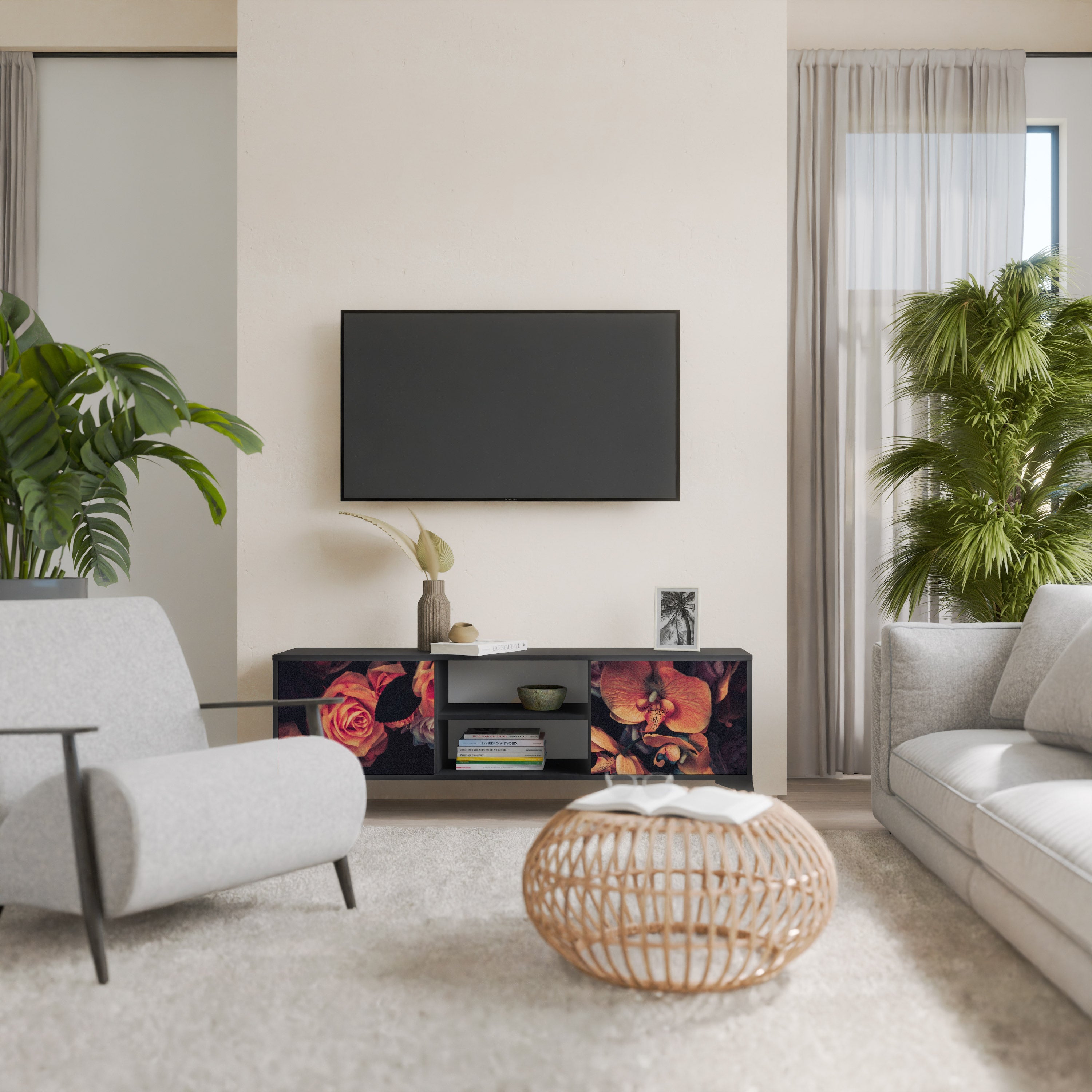 NEVERENDING BLOOM 2-Door TV Stand in Black Finish