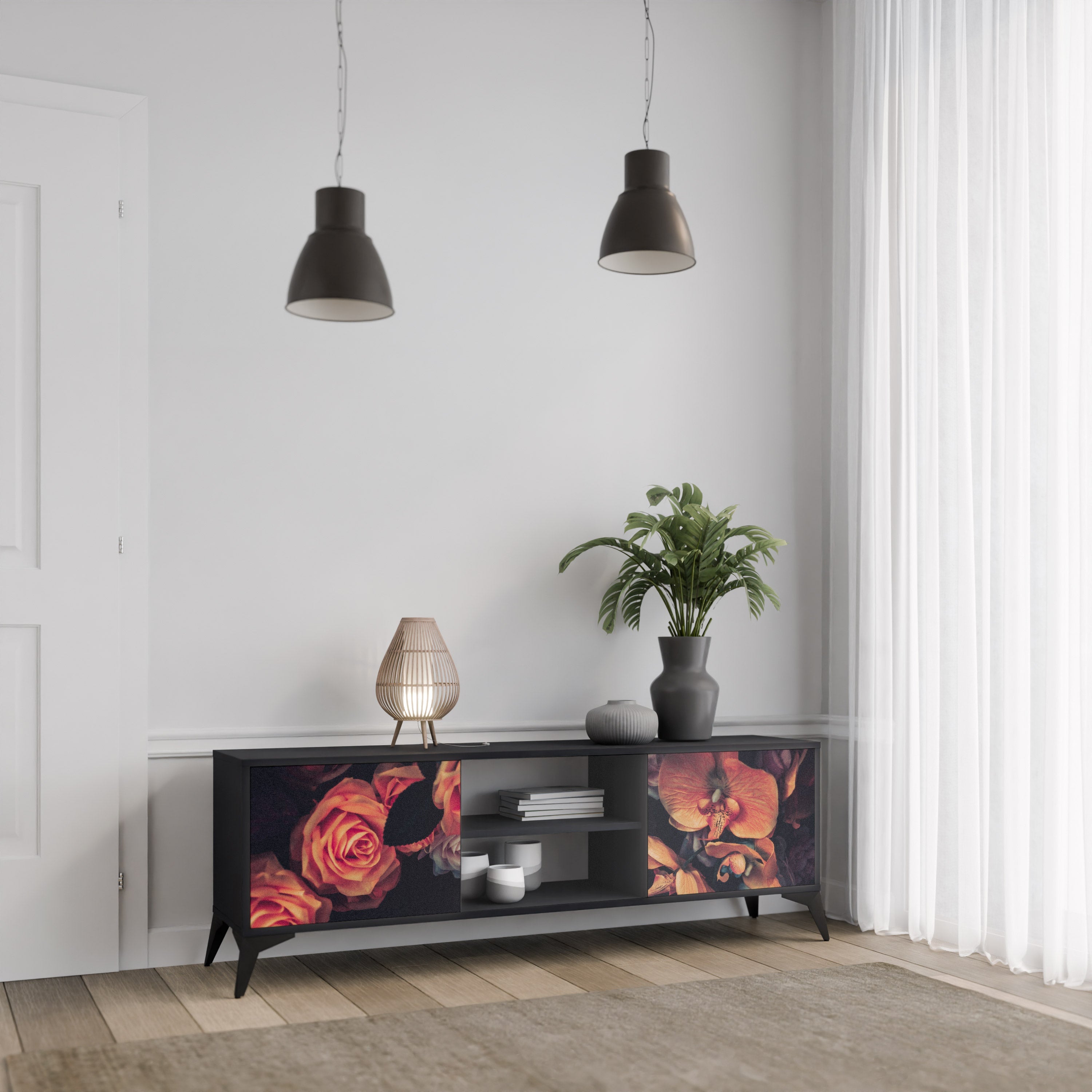 NEVERENDING BLOOM 2-Door TV Stand in Black Finish