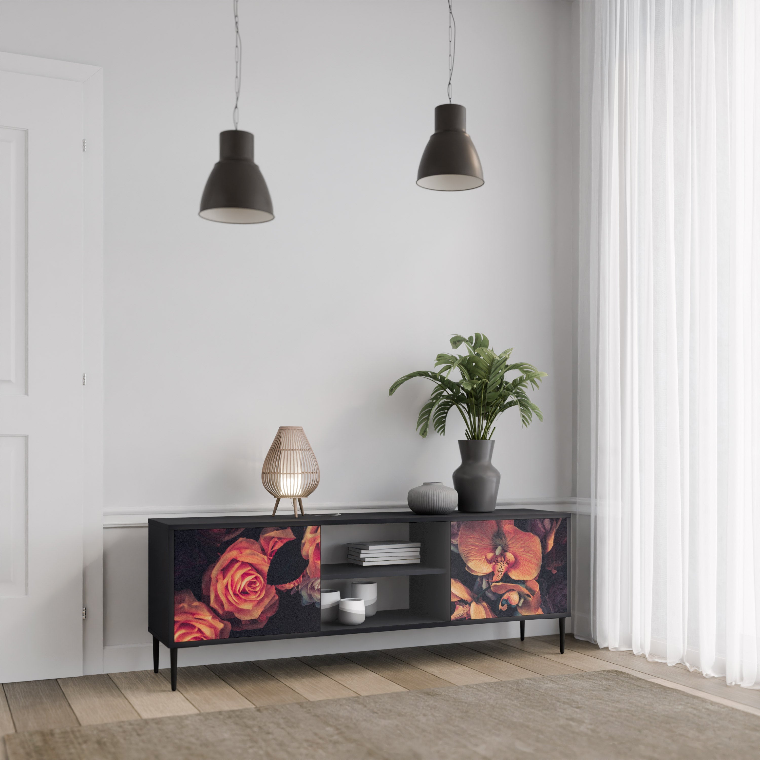 NEVERENDING BLOOM 2-Door TV Stand in Black Finish