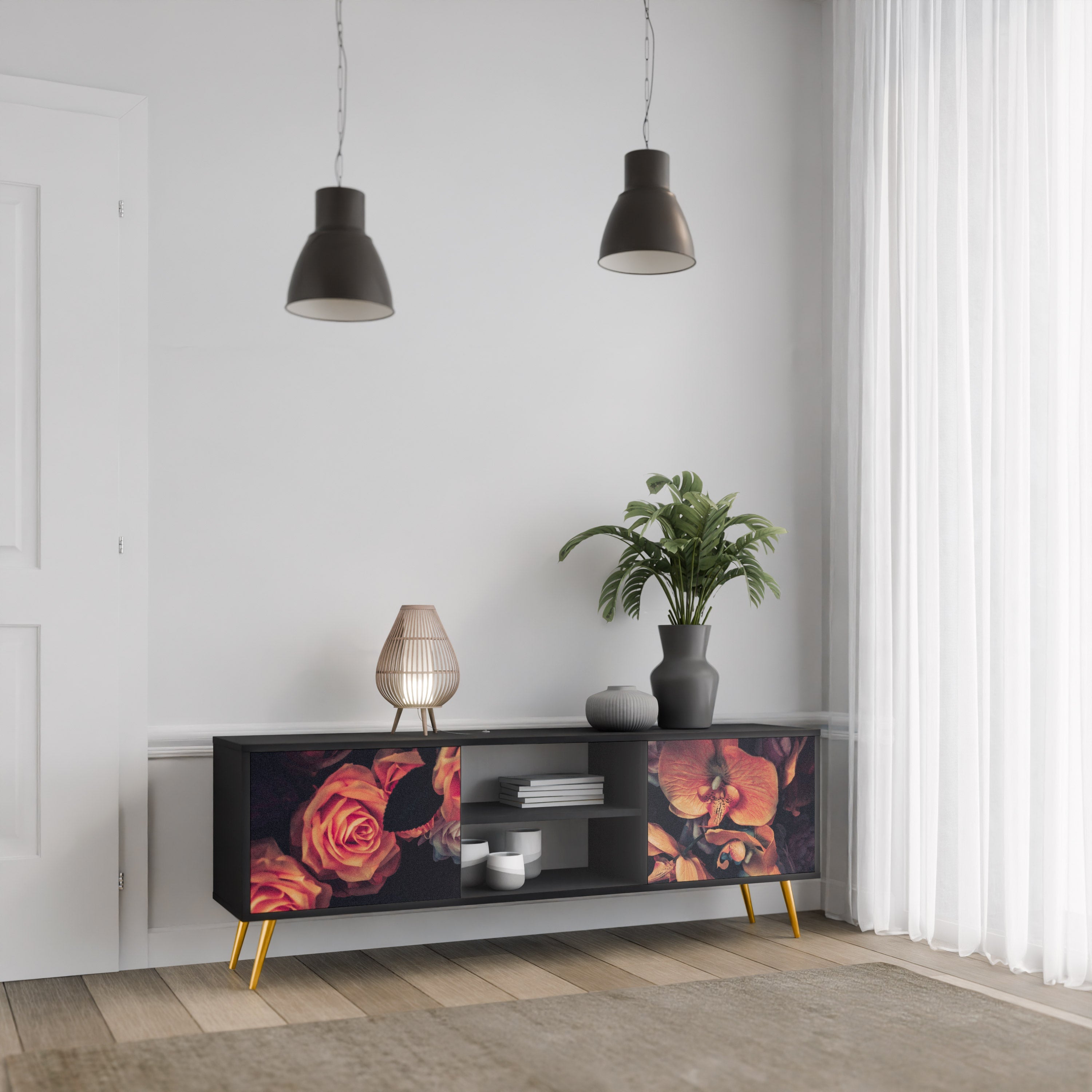 NEVERENDING BLOOM 2-Door TV Stand in Black Finish