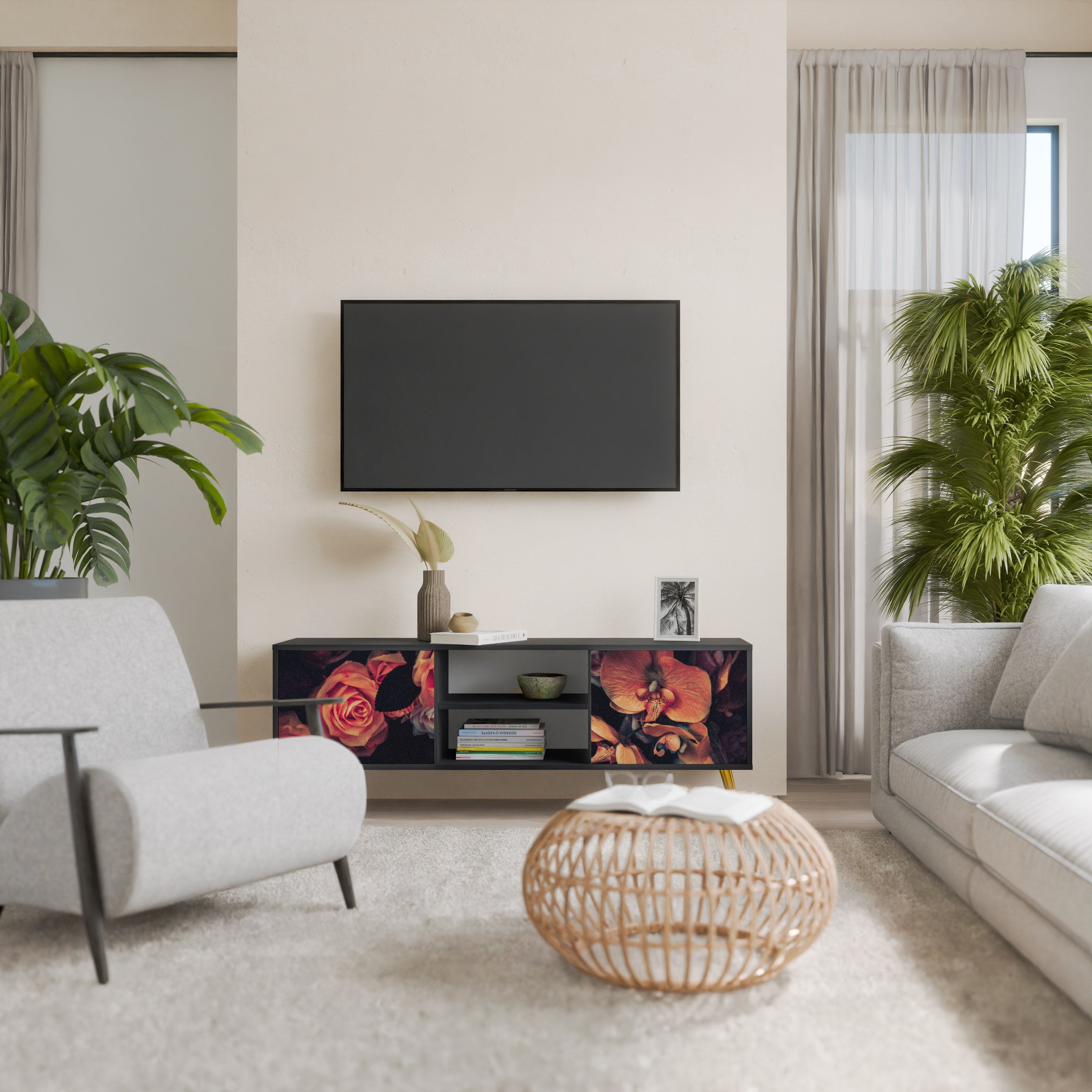 NEVERENDING BLOOM 2-Door TV Stand in Black Finish