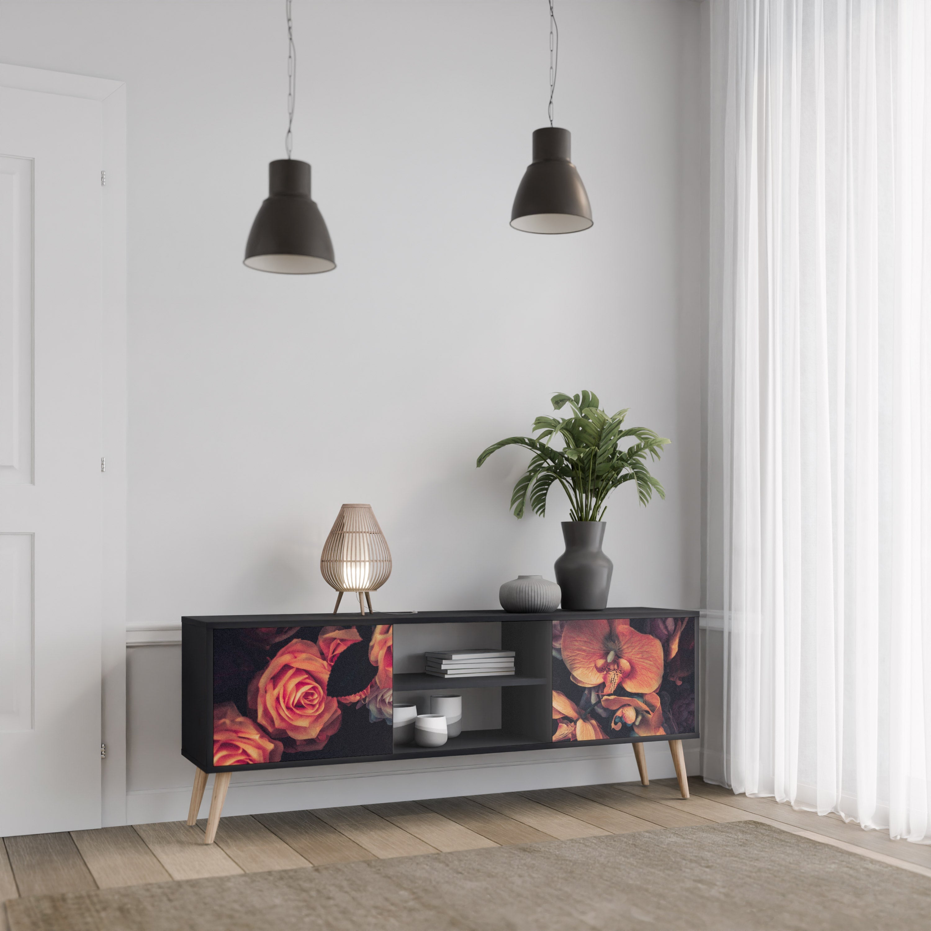NEVERENDING BLOOM 2-Door TV Stand in Black Finish