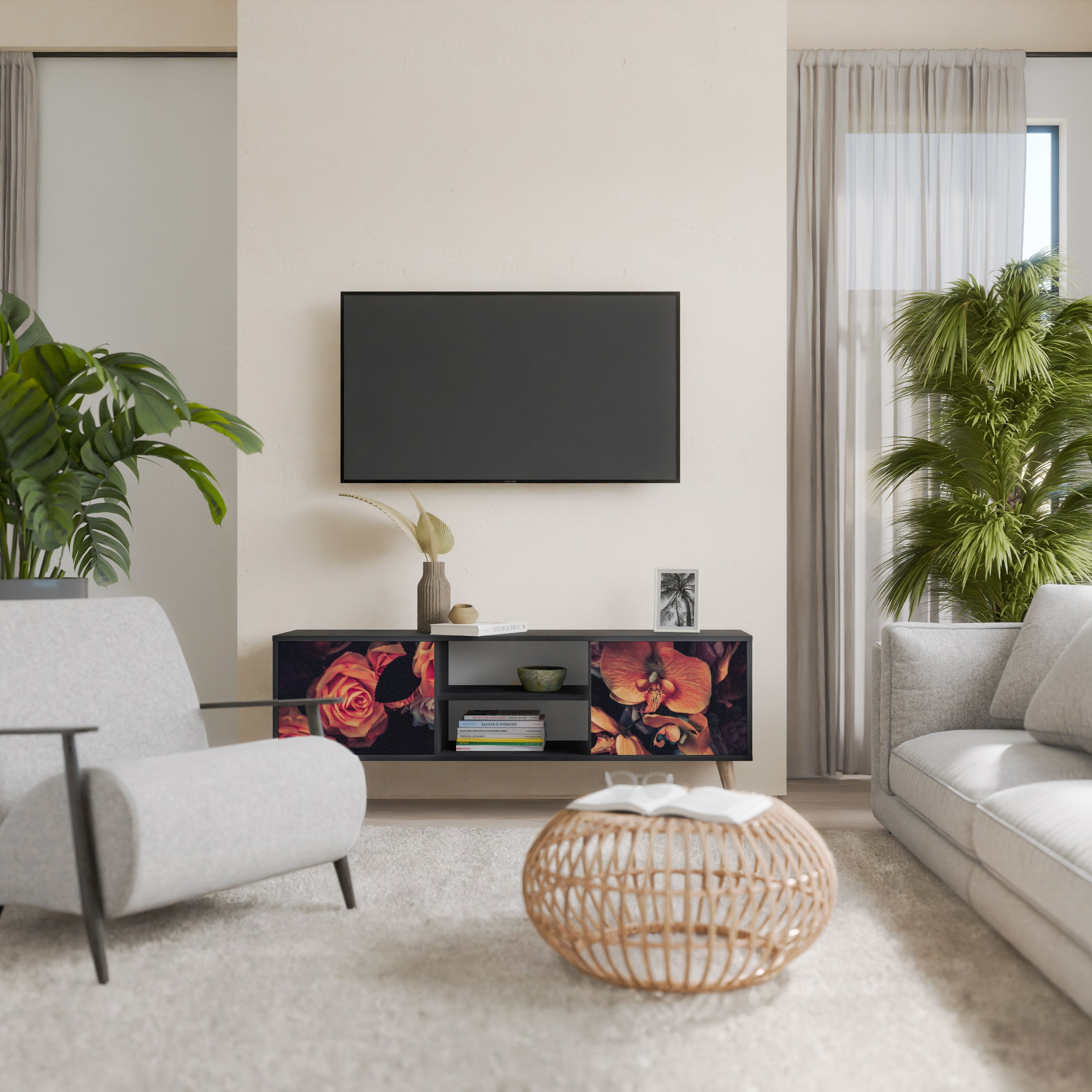 NEVERENDING BLOOM 2-Door TV Stand in Black Finish