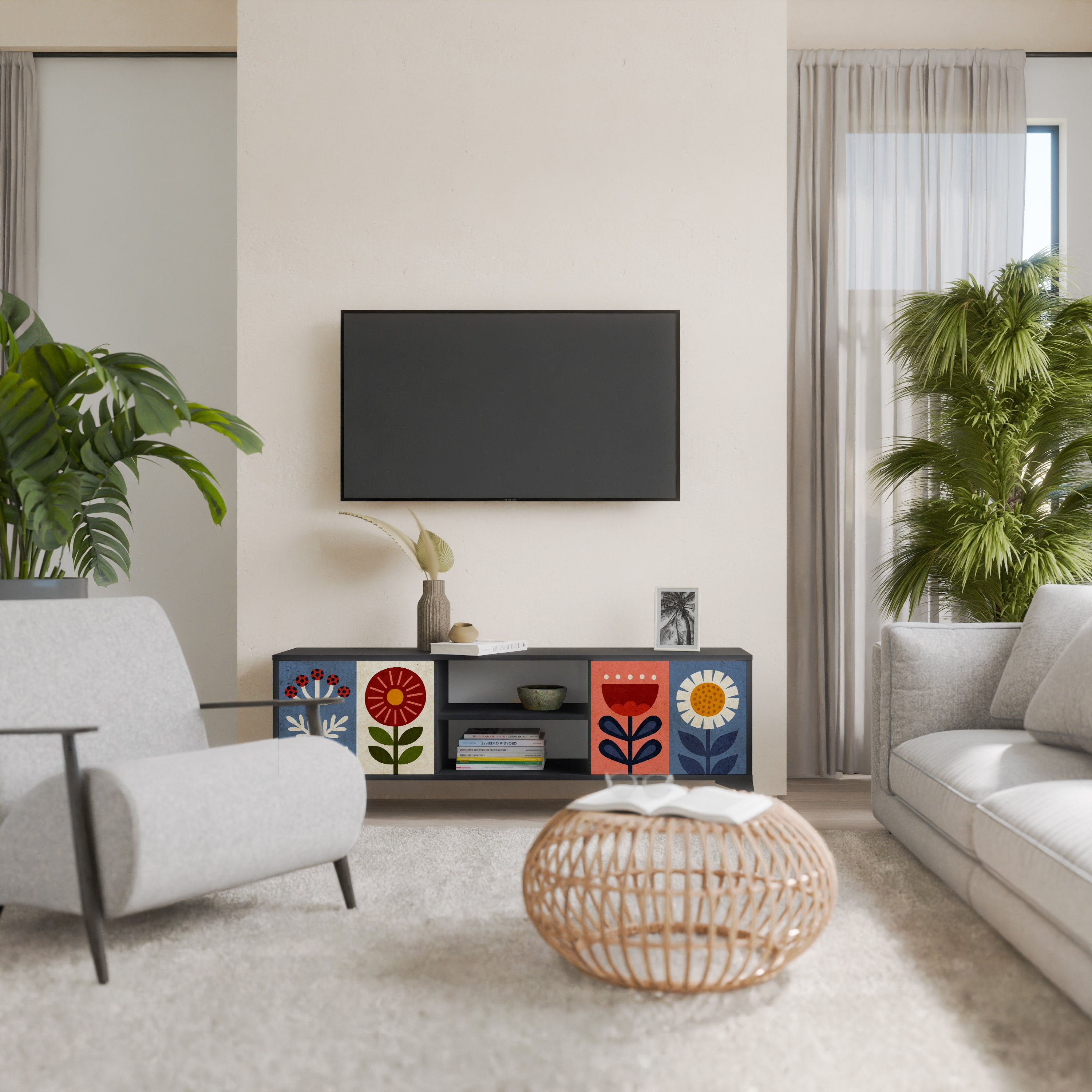 Βάση τηλεόρασης SCANDIC FLOWERET με 2 πόρτες σε μαύρο φινίρισμα