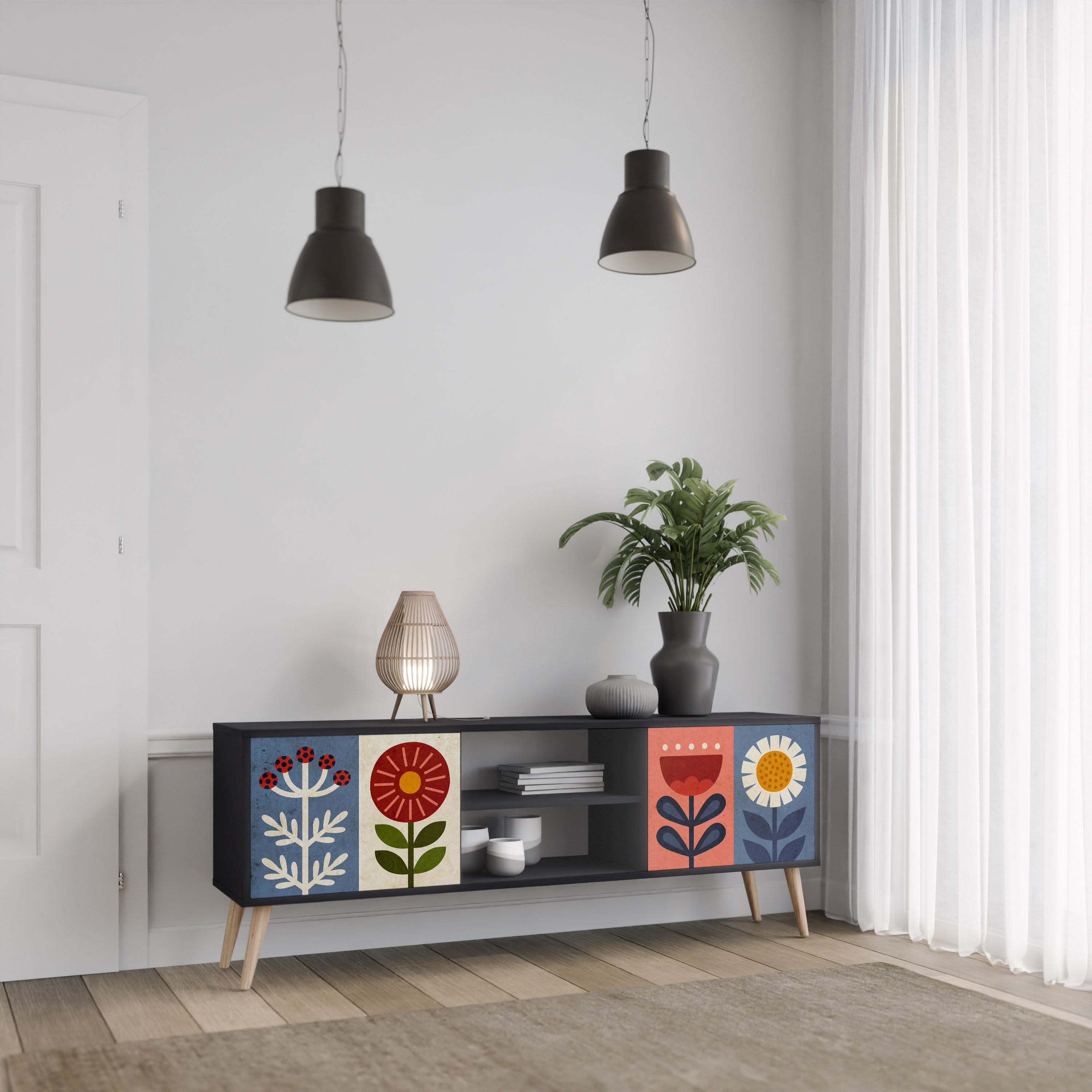 Βάση τηλεόρασης SCANDIC FLOWERET με 2 πόρτες σε μαύρο φινίρισμα