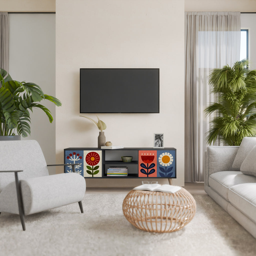 Βάση τηλεόρασης SCANDIC FLOWERET με 2 πόρτες σε μαύρο φινίρισμα