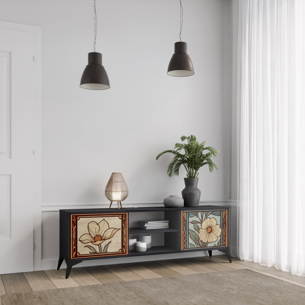 Βάση τηλεόρασης TIMELESS FLORA 2 πορτών σε μαύρο φινίρισμα