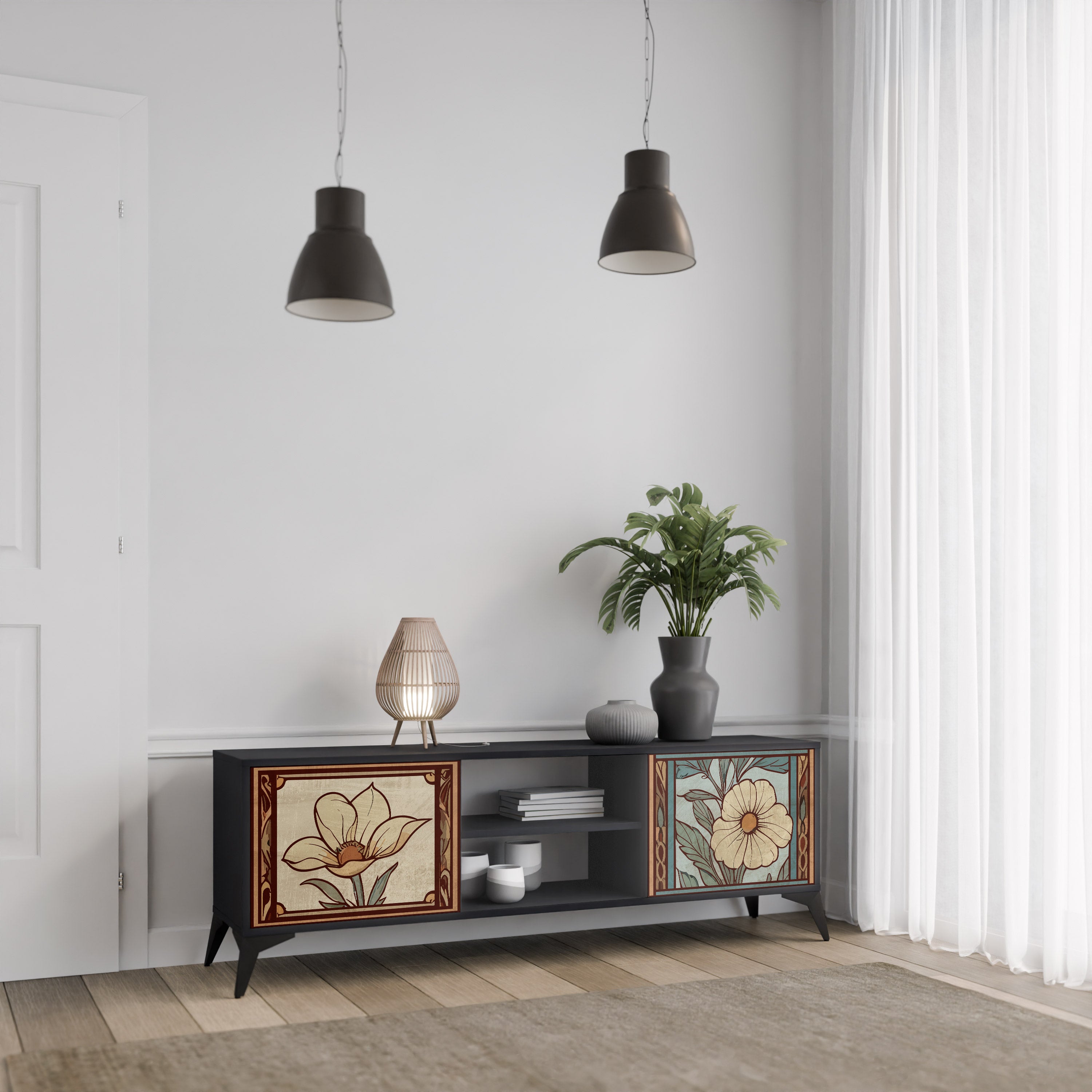 Βάση τηλεόρασης TIMELESS FLORA 2 πορτών σε μαύρο φινίρισμα