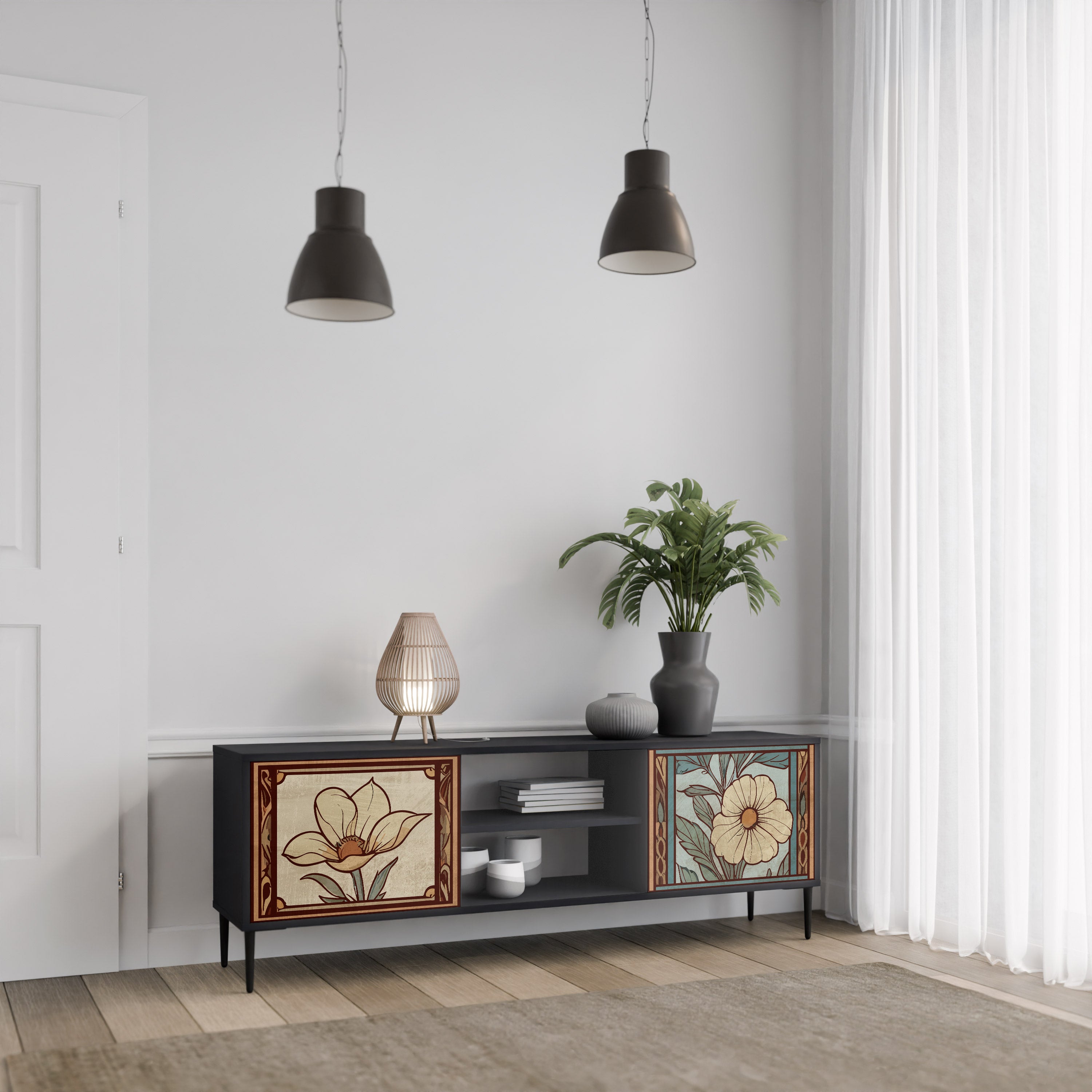 Βάση τηλεόρασης TIMELESS FLORA 2 πορτών σε μαύρο φινίρισμα