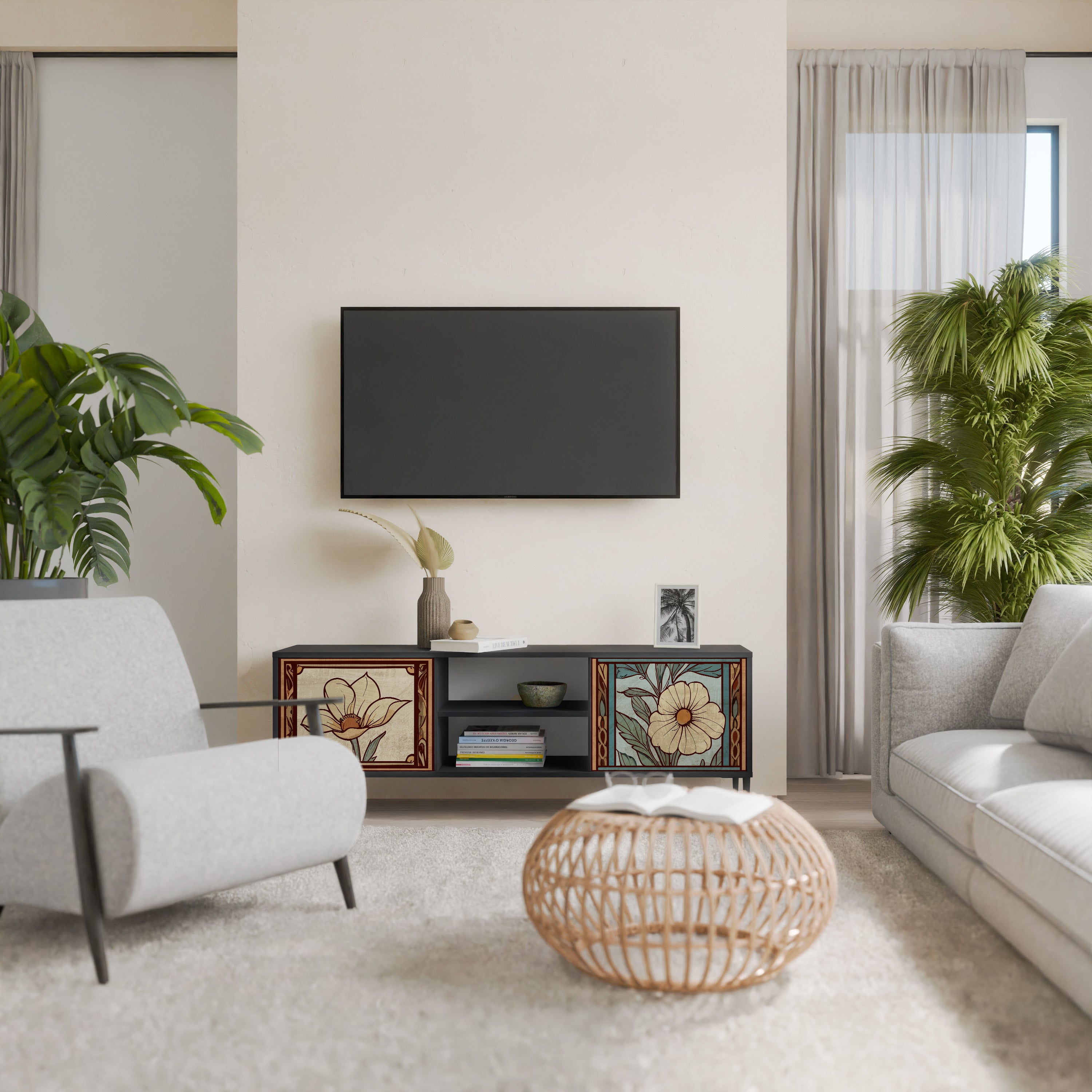 Βάση τηλεόρασης TIMELESS FLORA 2 πορτών σε μαύρο φινίρισμα