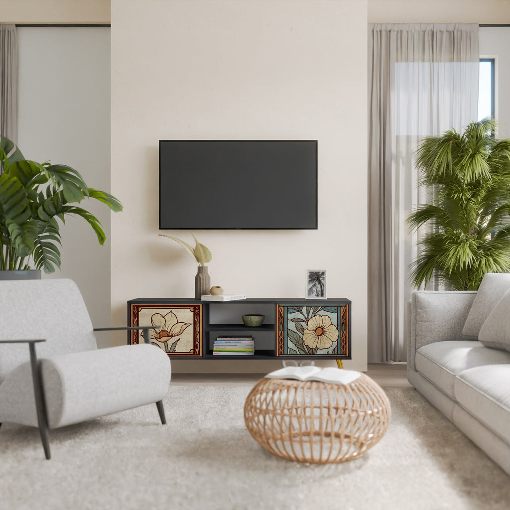 Βάση τηλεόρασης TIMELESS FLORA 2 πορτών σε μαύρο φινίρισμα