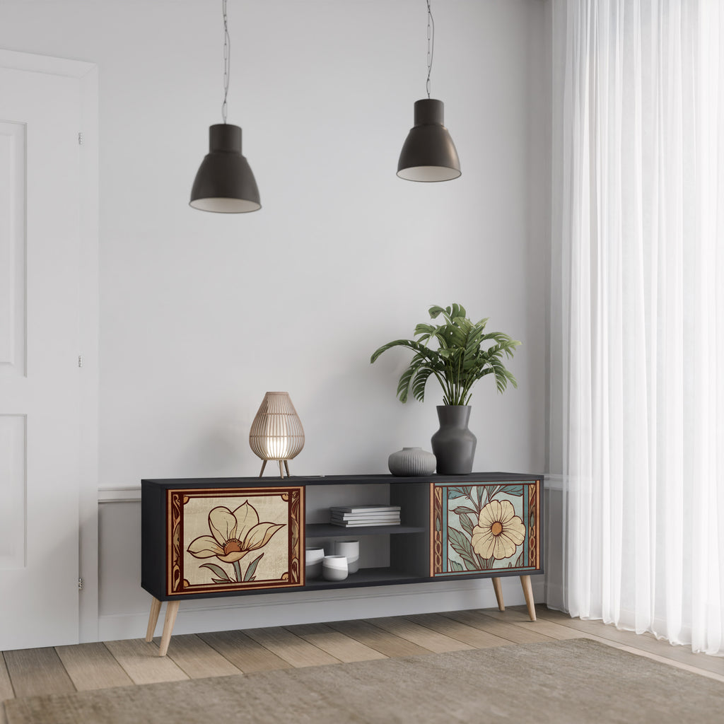 Βάση τηλεόρασης TIMELESS FLORA 2 πορτών σε μαύρο φινίρισμα