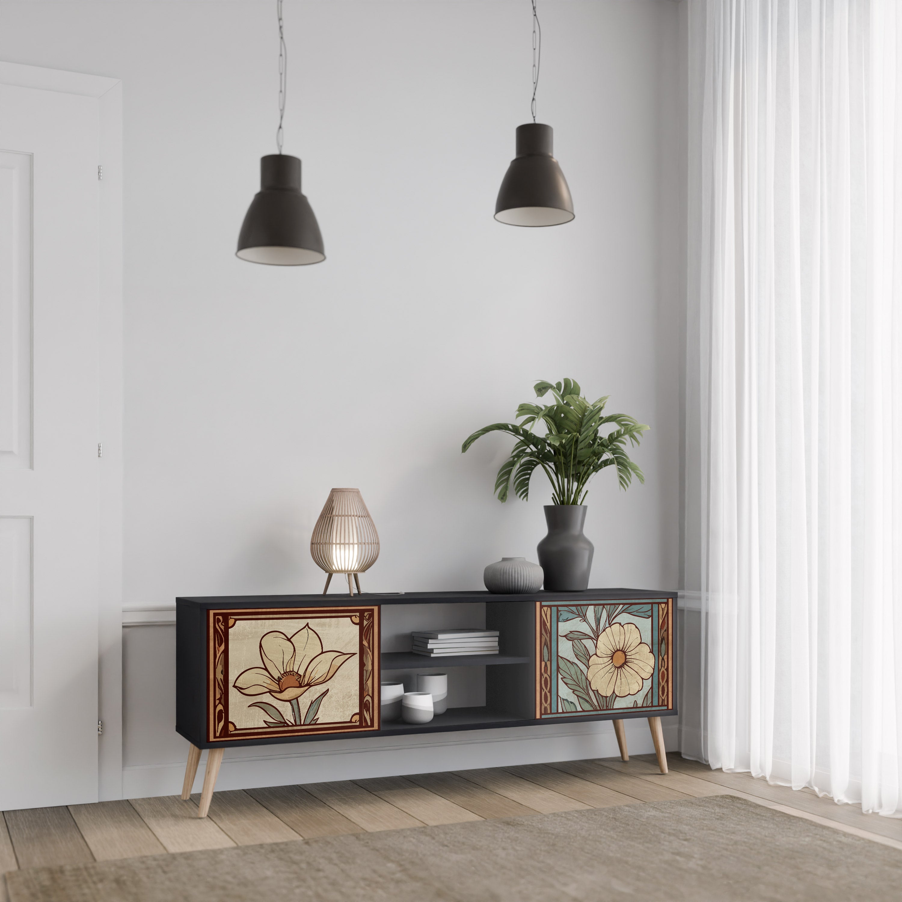 Βάση τηλεόρασης TIMELESS FLORA 2 πορτών σε μαύρο φινίρισμα