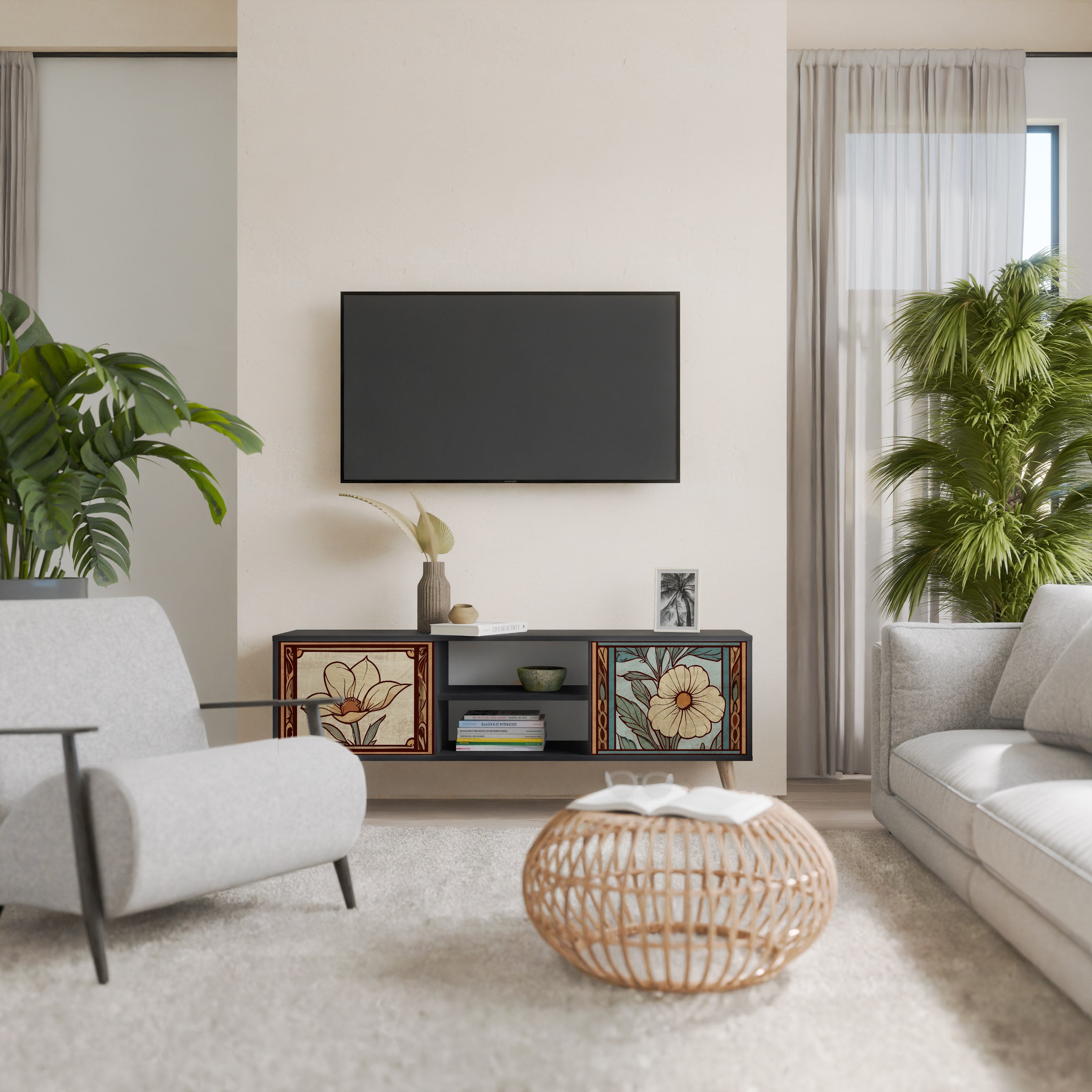 Βάση τηλεόρασης TIMELESS FLORA 2 πορτών σε μαύρο φινίρισμα