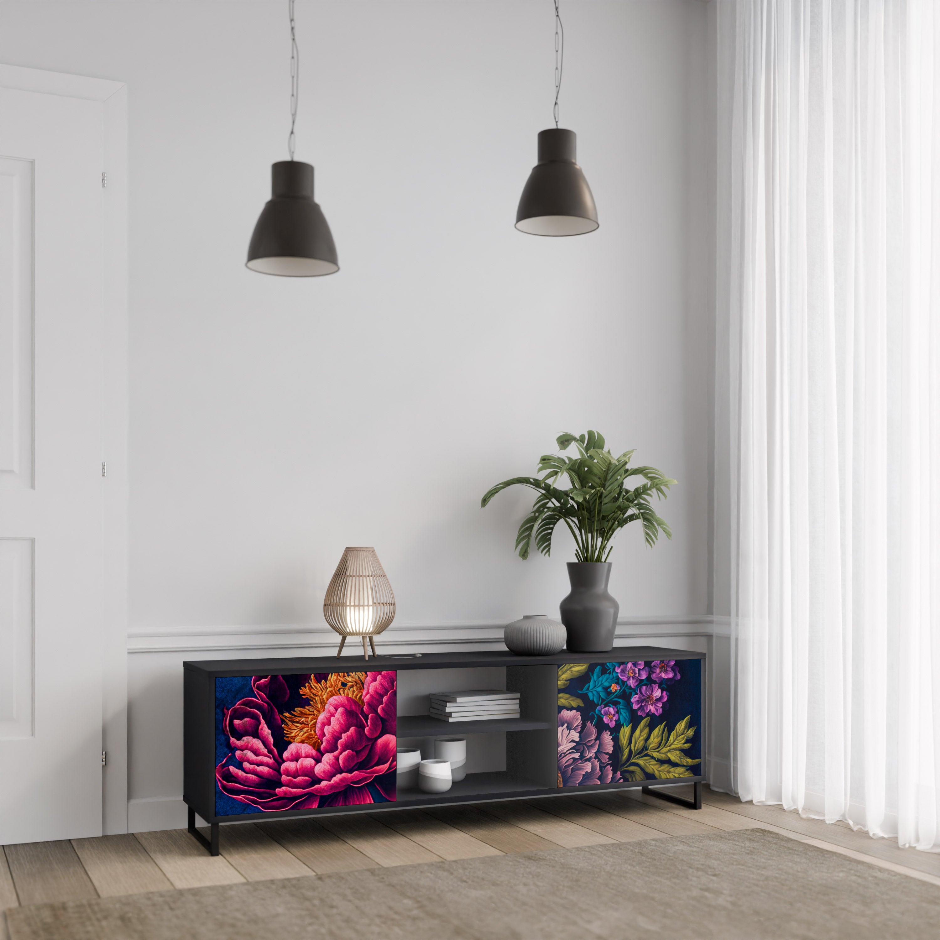 Βάση τηλεόρασης BLOOMING ELEGANCE 2 πορτών σε μαύρο φινίρισμα