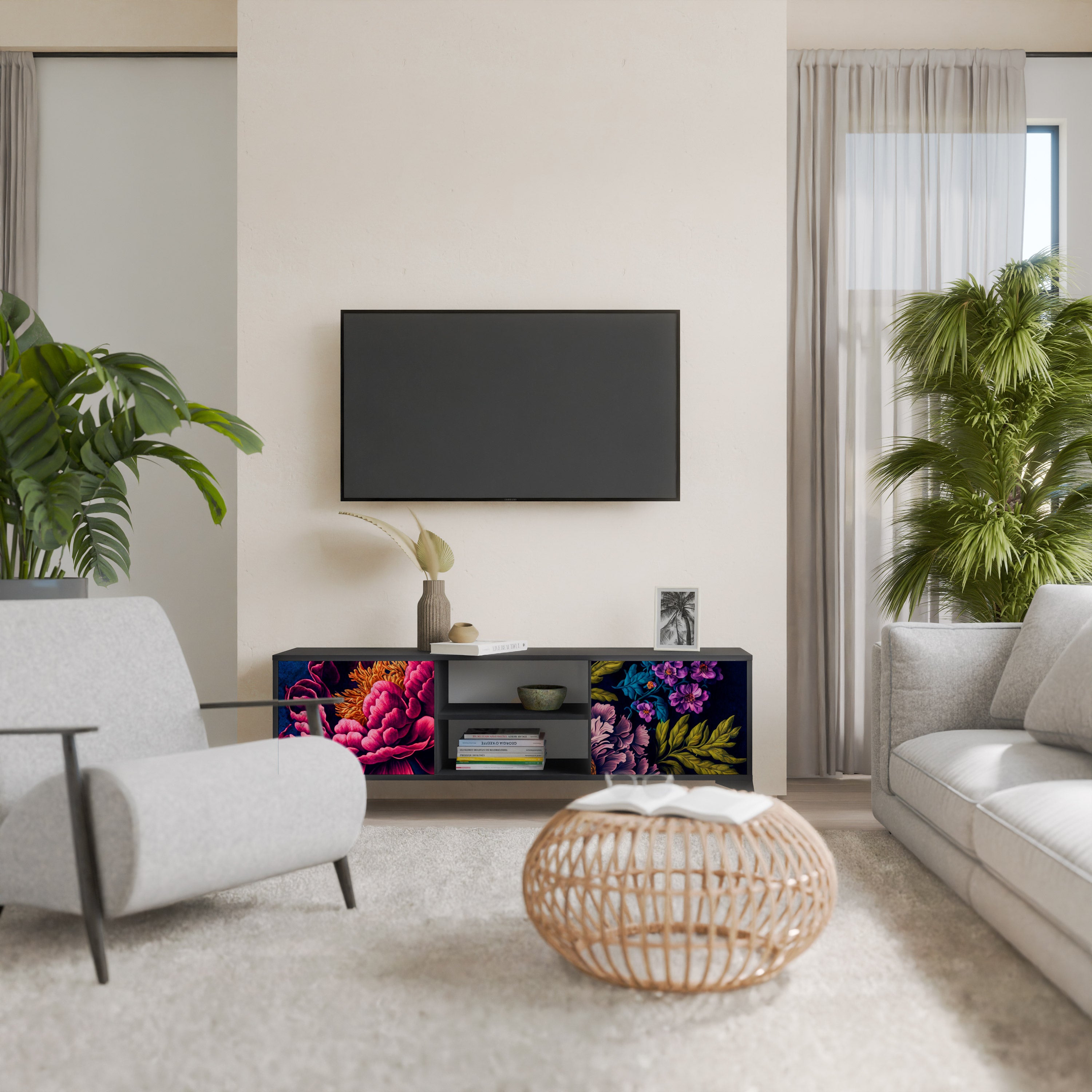 Βάση τηλεόρασης BLOOMING ELEGANCE 2 πορτών σε μαύρο φινίρισμα