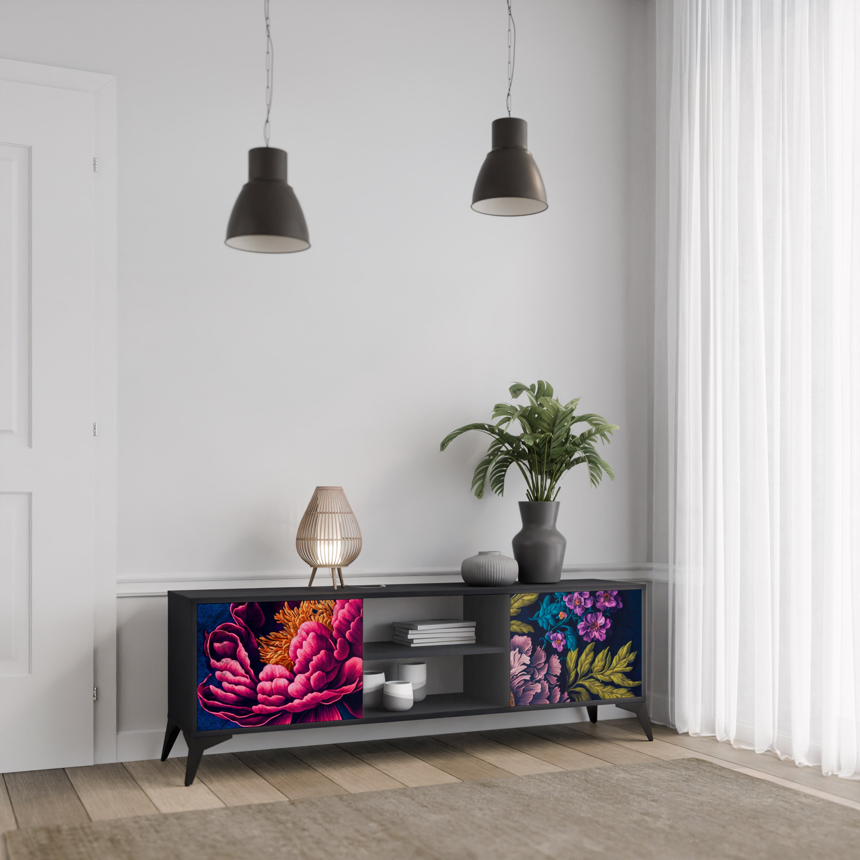 Βάση τηλεόρασης BLOOMING ELEGANCE 2 πορτών σε μαύρο φινίρισμα