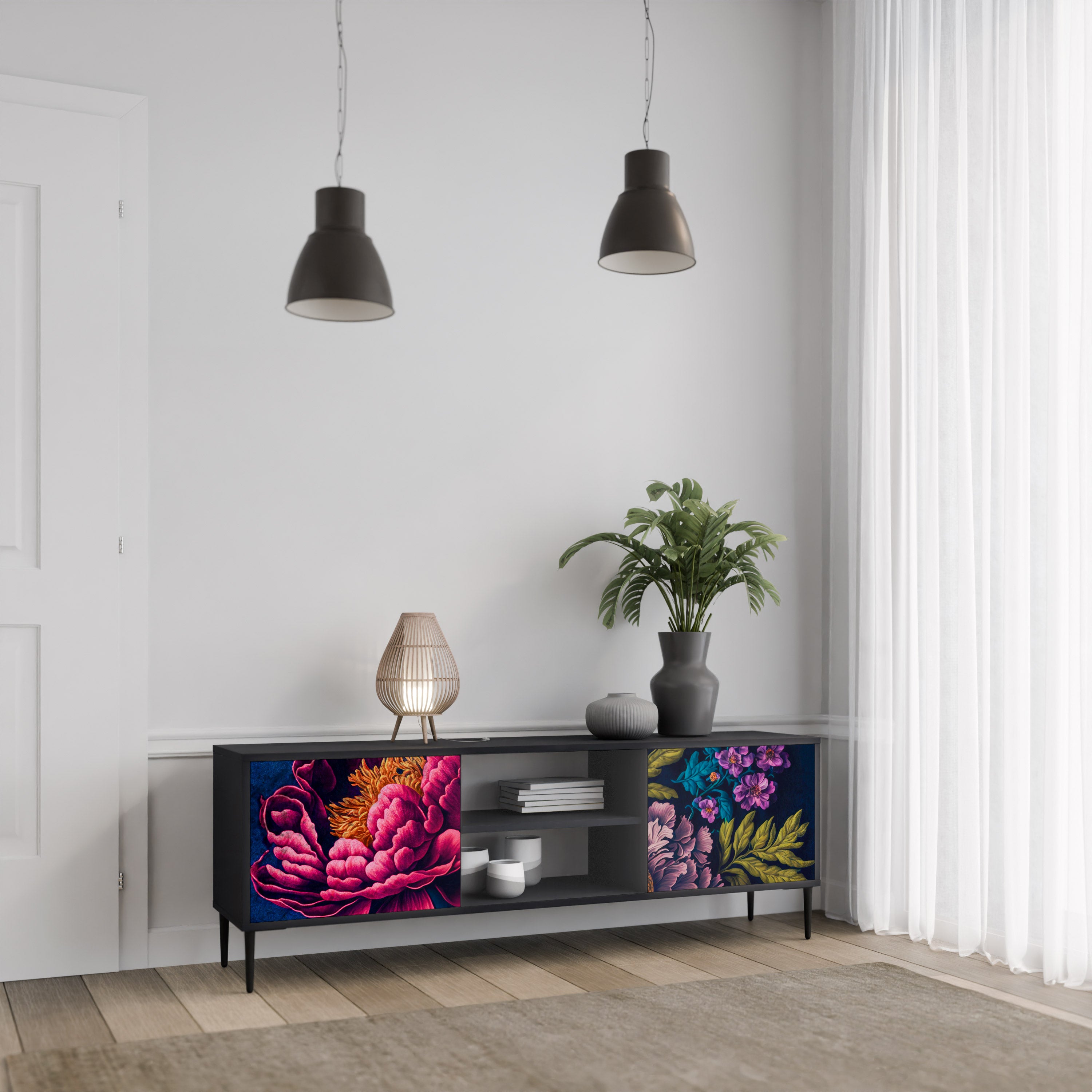 Βάση τηλεόρασης BLOOMING ELEGANCE 2 πορτών σε μαύρο φινίρισμα