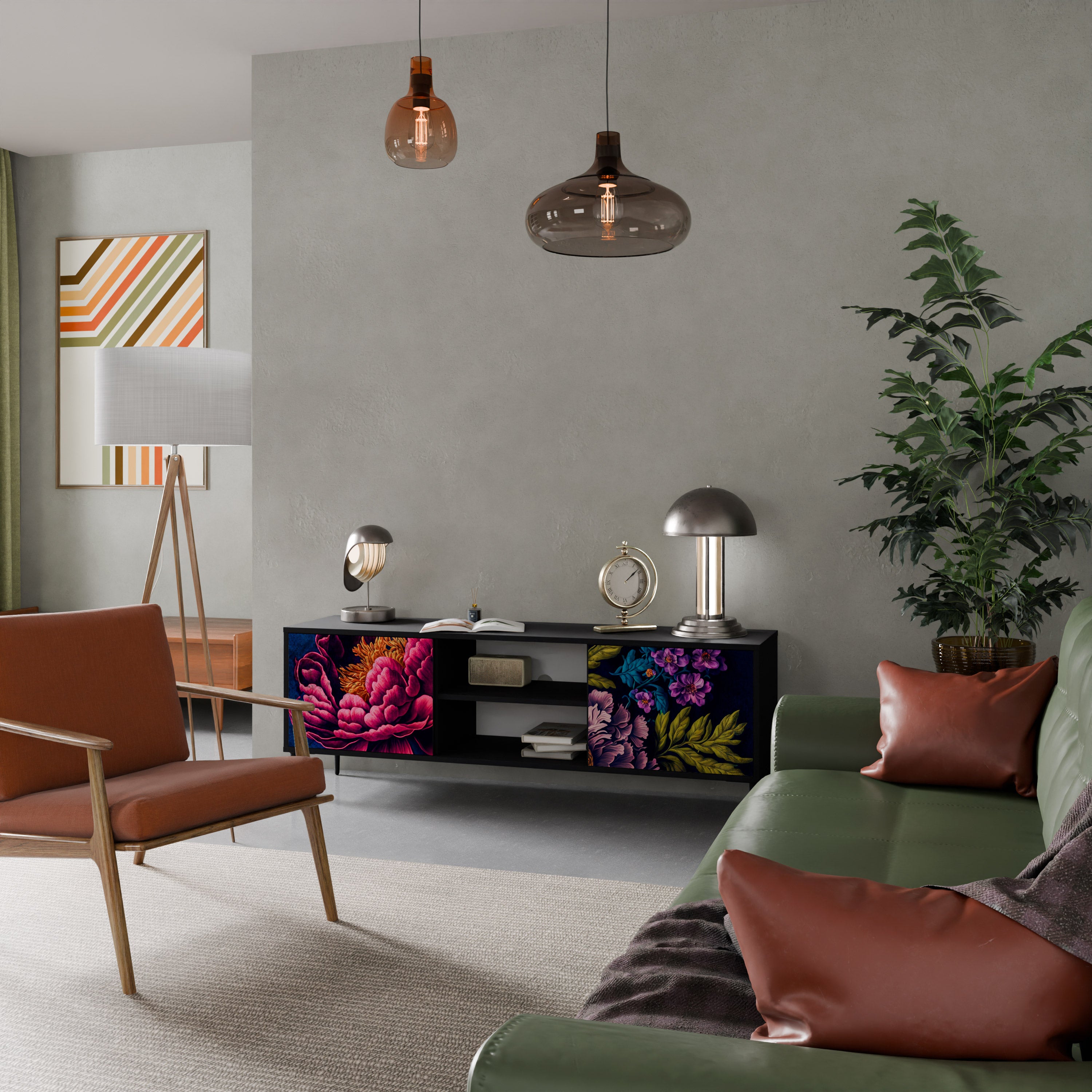 Βάση τηλεόρασης BLOOMING ELEGANCE 2 πορτών σε μαύρο φινίρισμα