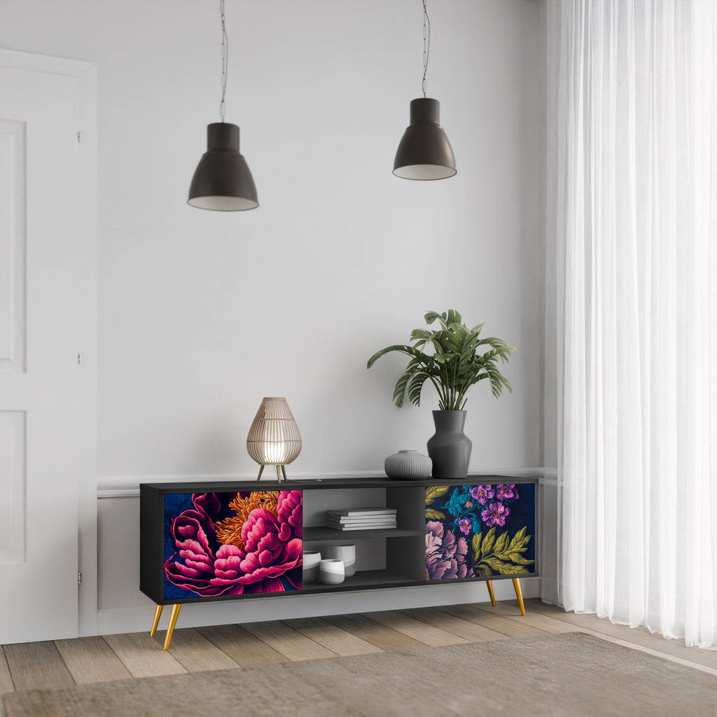 BLOOMING ELEGANCE 2-Door TV Stand in Black Finish