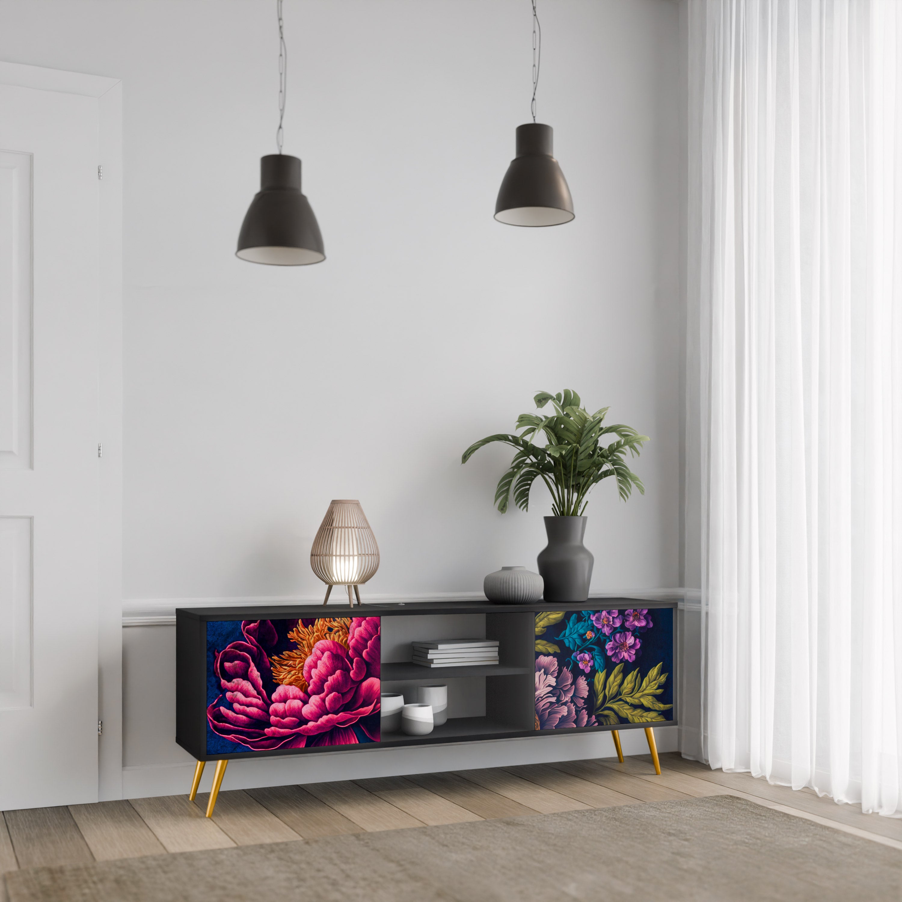 Βάση τηλεόρασης BLOOMING ELEGANCE 2 πορτών σε μαύρο φινίρισμα