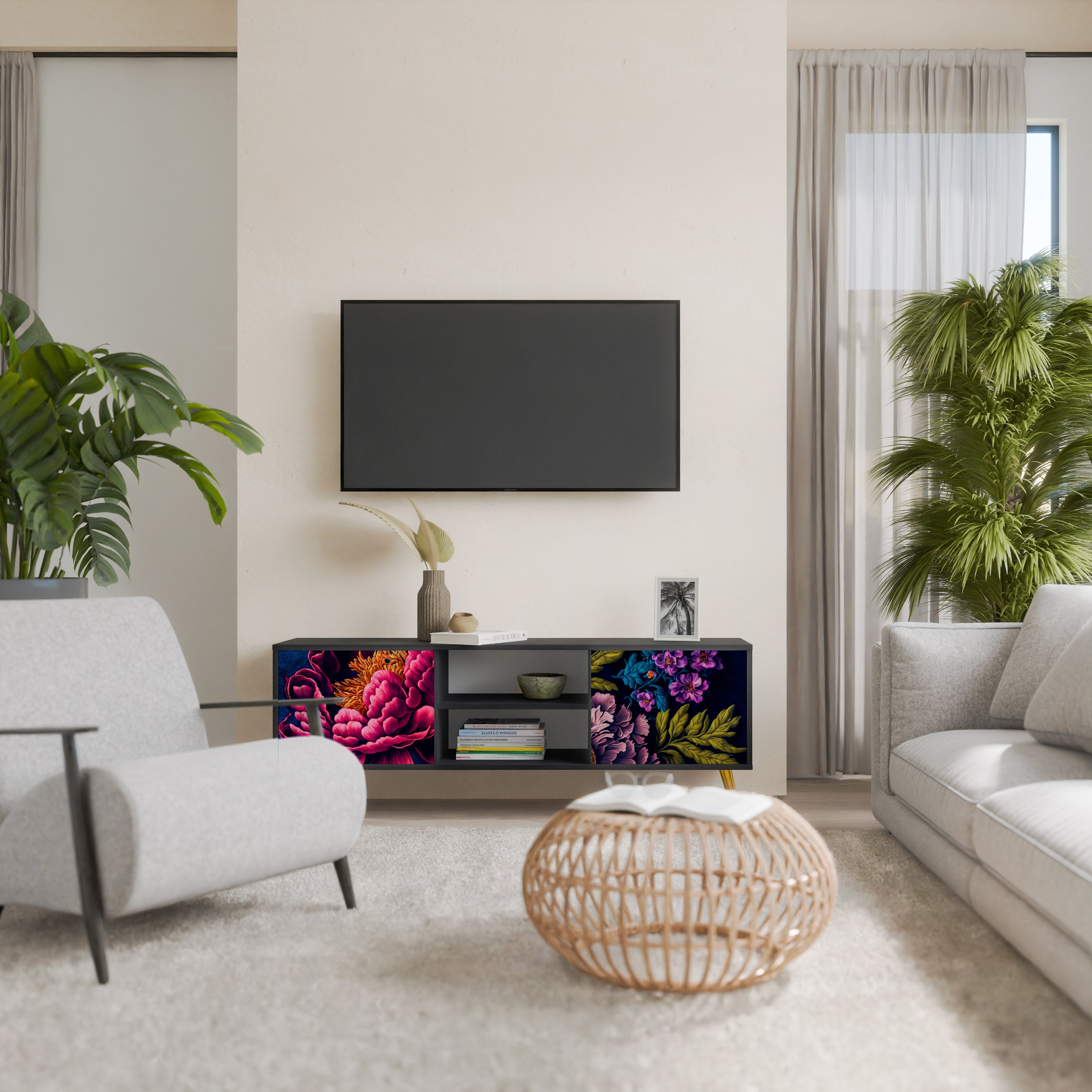 Βάση τηλεόρασης BLOOMING ELEGANCE 2 πορτών σε μαύρο φινίρισμα