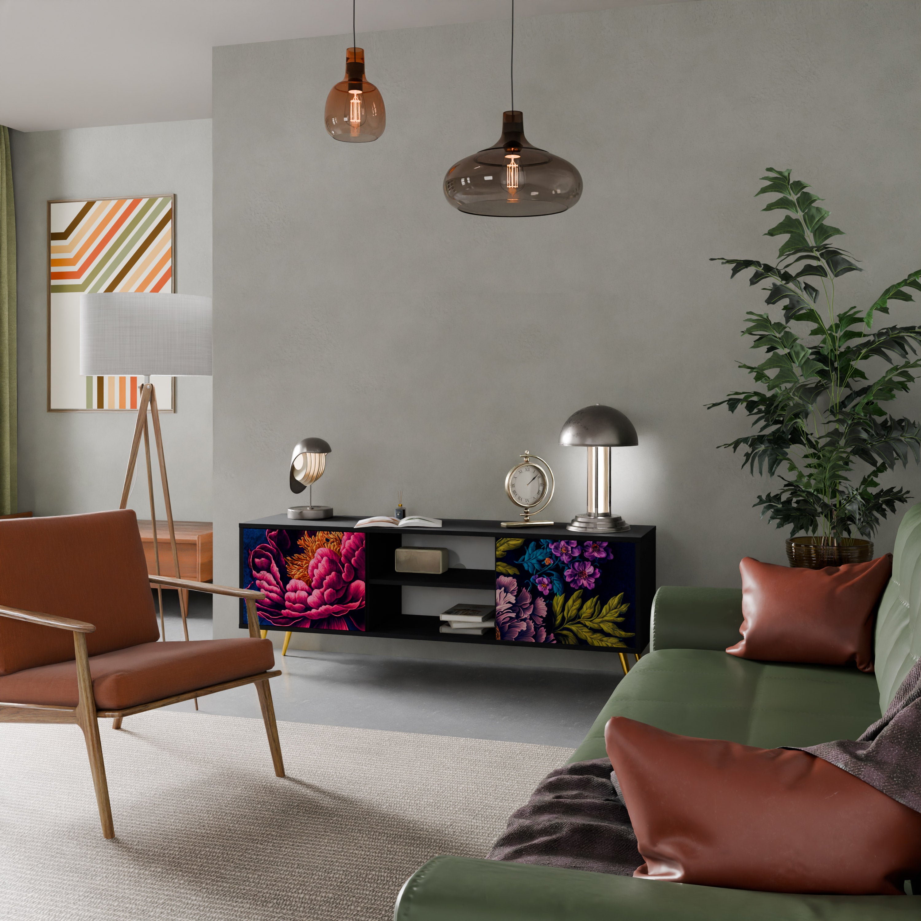 Βάση τηλεόρασης BLOOMING ELEGANCE 2 πορτών σε μαύρο φινίρισμα