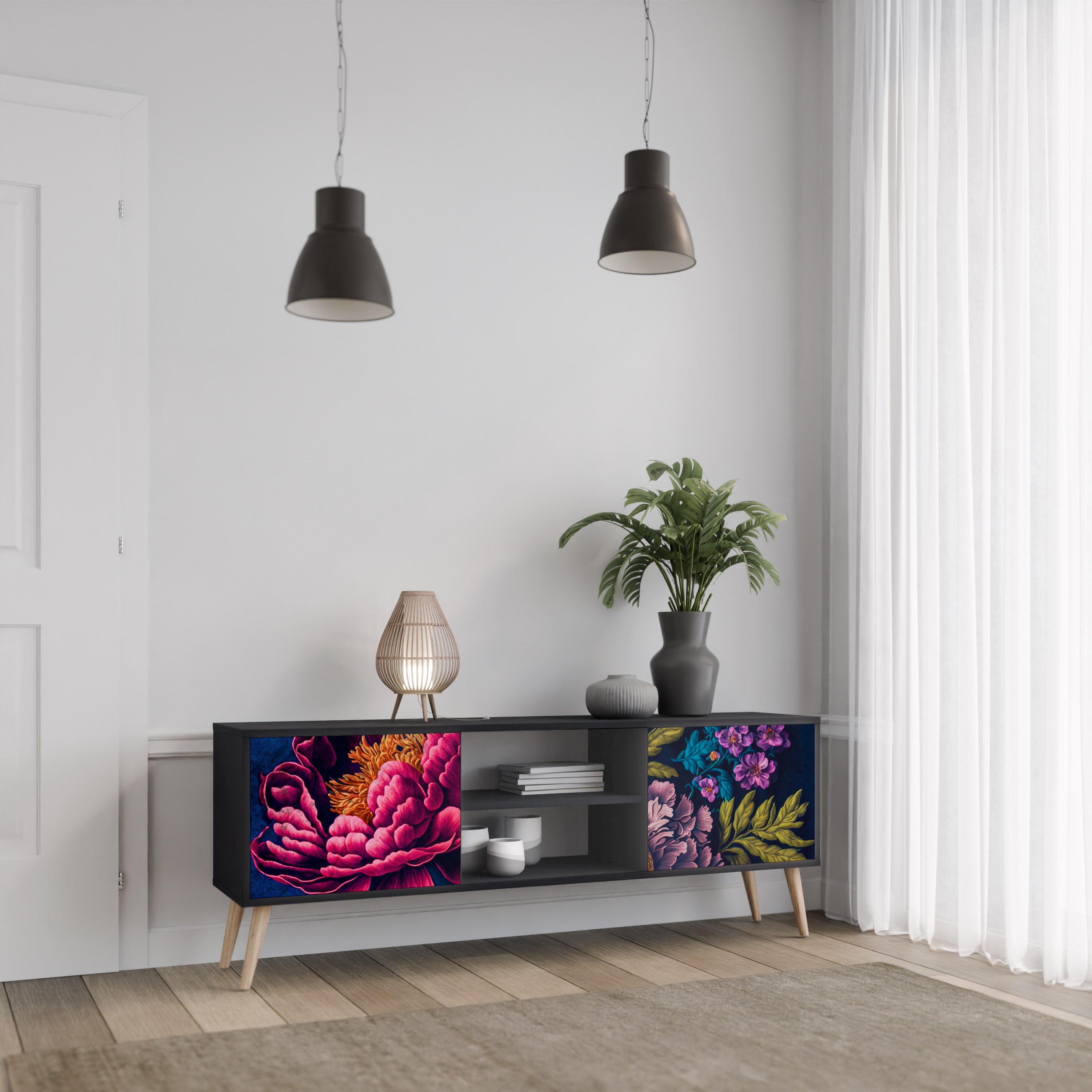 Βάση τηλεόρασης BLOOMING ELEGANCE 2 πορτών σε μαύρο φινίρισμα
