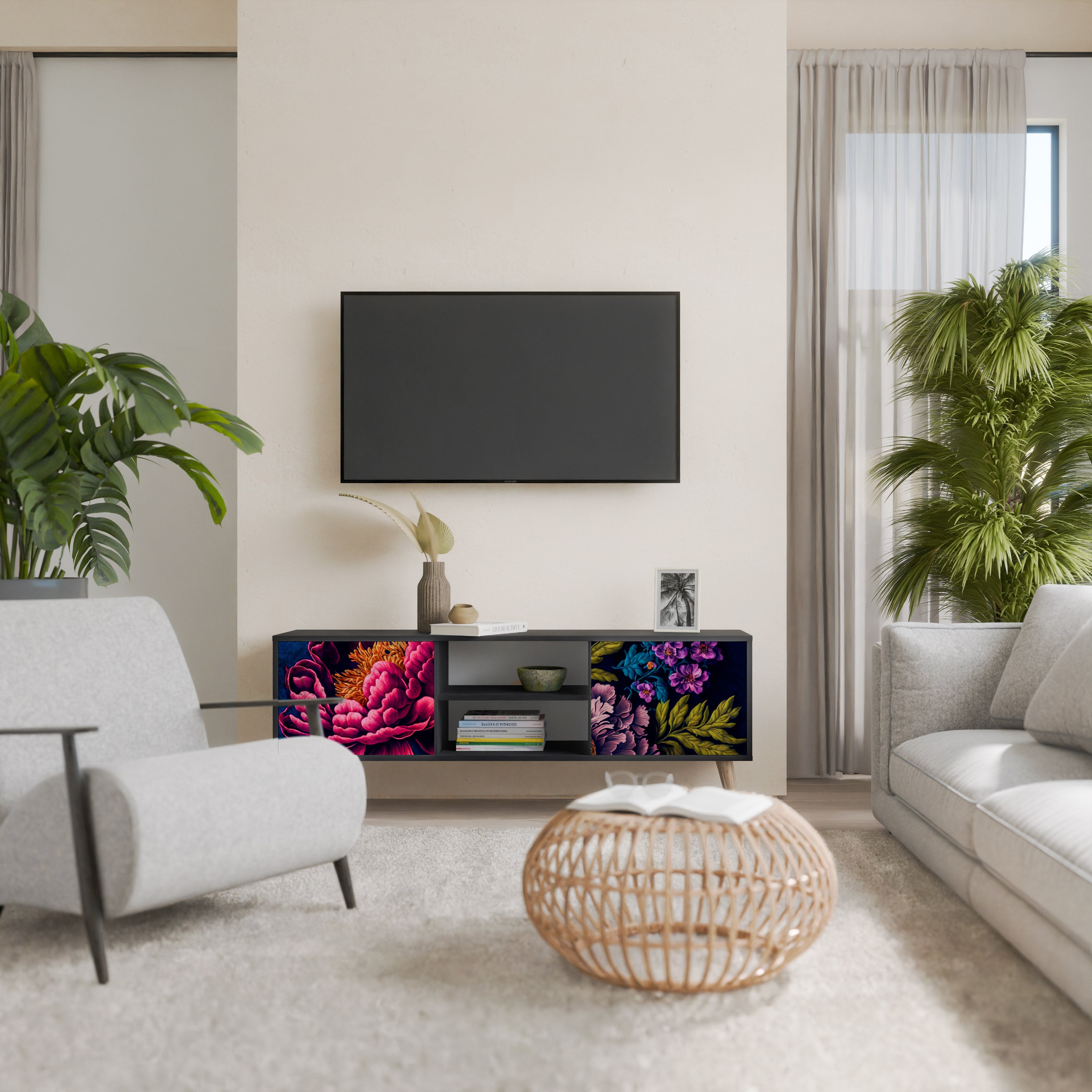 Βάση τηλεόρασης BLOOMING ELEGANCE 2 πορτών σε μαύρο φινίρισμα