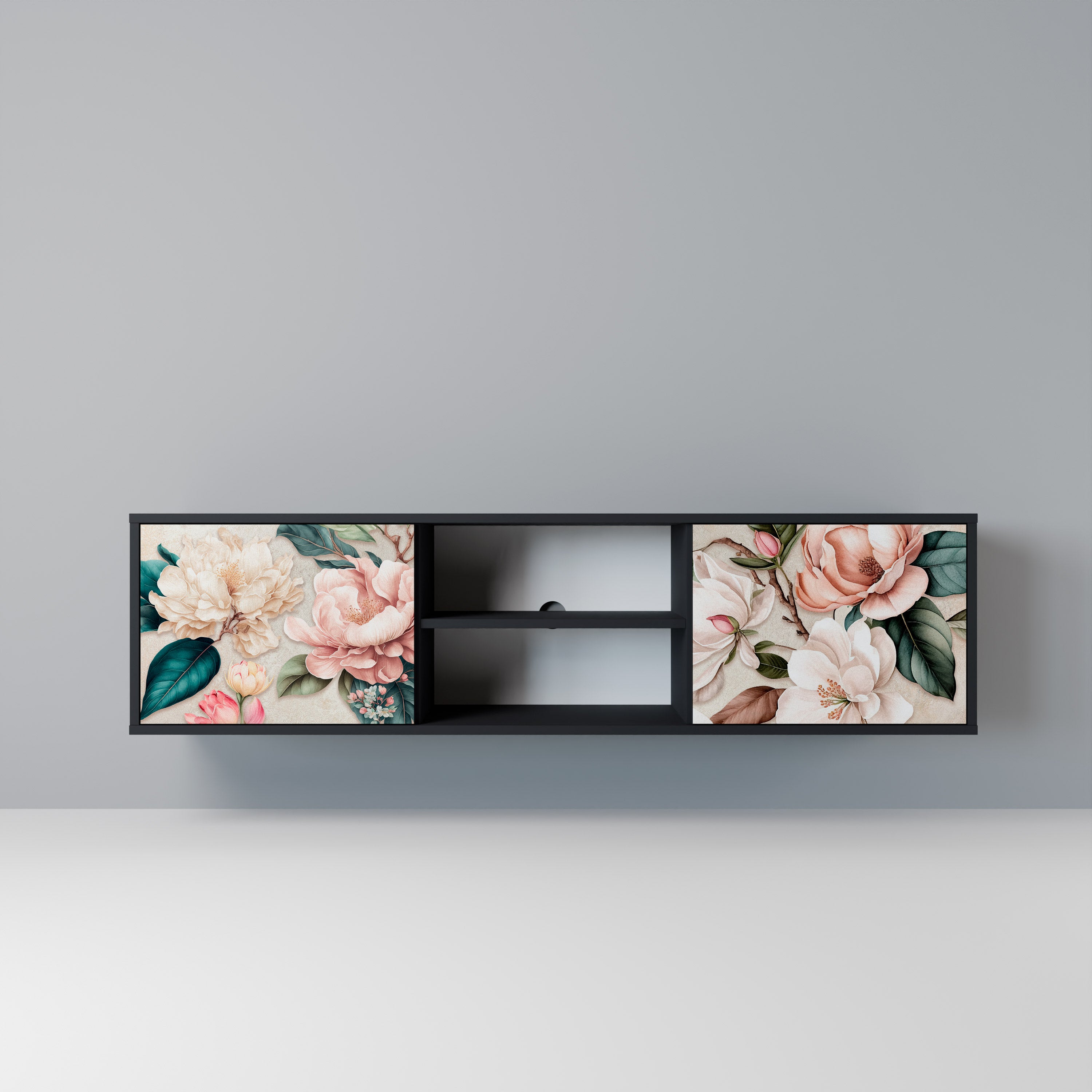 Βάση τηλεόρασης FLORAL GRACE με 2 πόρτες σε μαύρο φινίρισμα